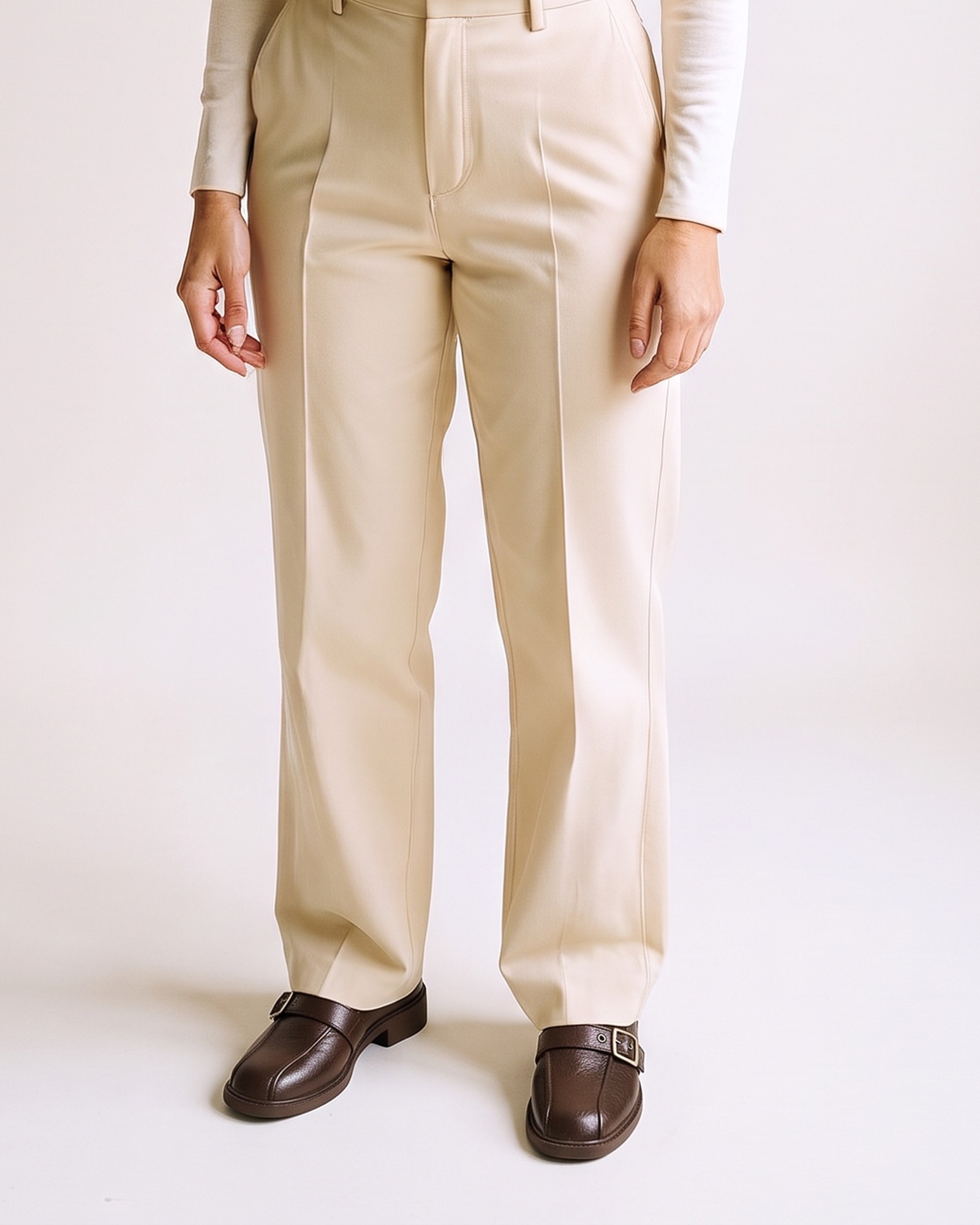 Zwaantje monk-strap loafer, worn on model — lower-body view (AI visualisation)