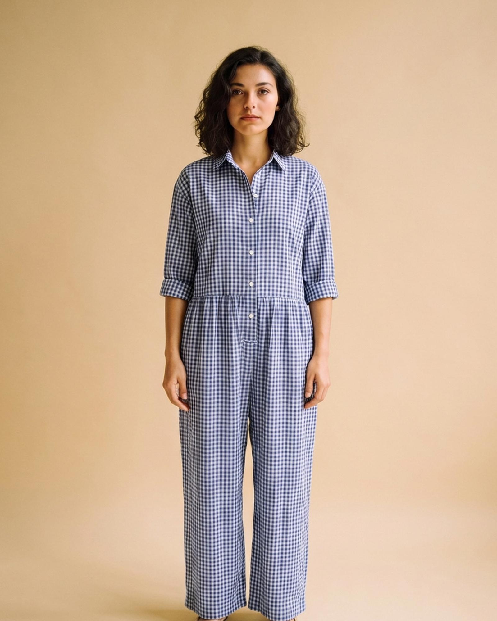 Adriana gingham collar jumpsuit — Sapphire Blue (AI visualisation)