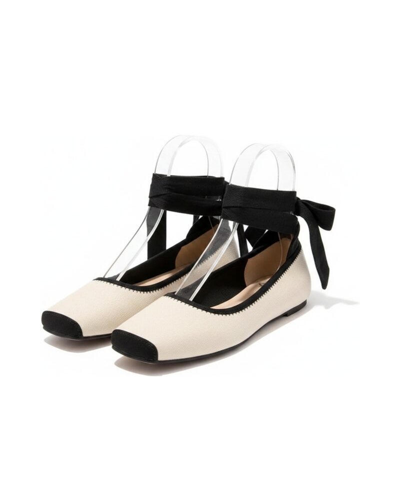 Everdina cap-toe ballet flat with ankle ties in Beige — product pair packshot (AI visualisation)