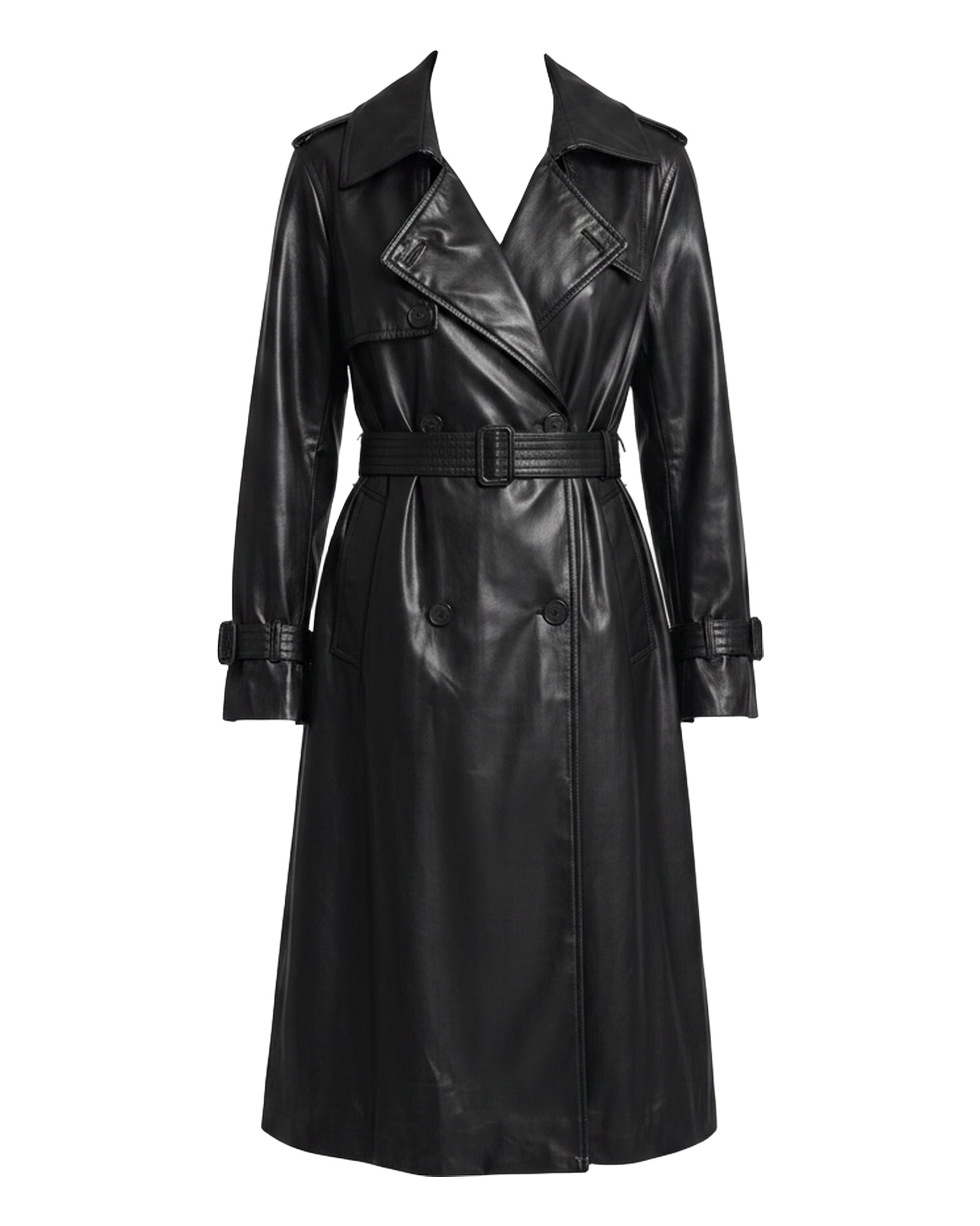 Berendina faux-leather coat — vooraanzicht packshot (AI-visualisatie)