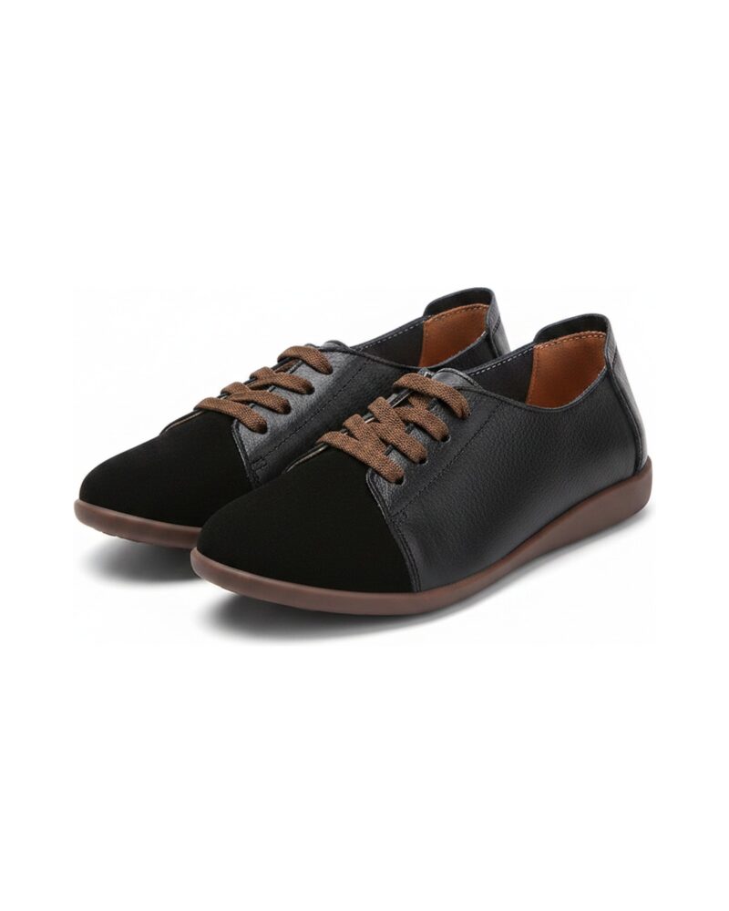 Jozien two-tone leather derby flat in Black — product pair packshot (AI visualisation)