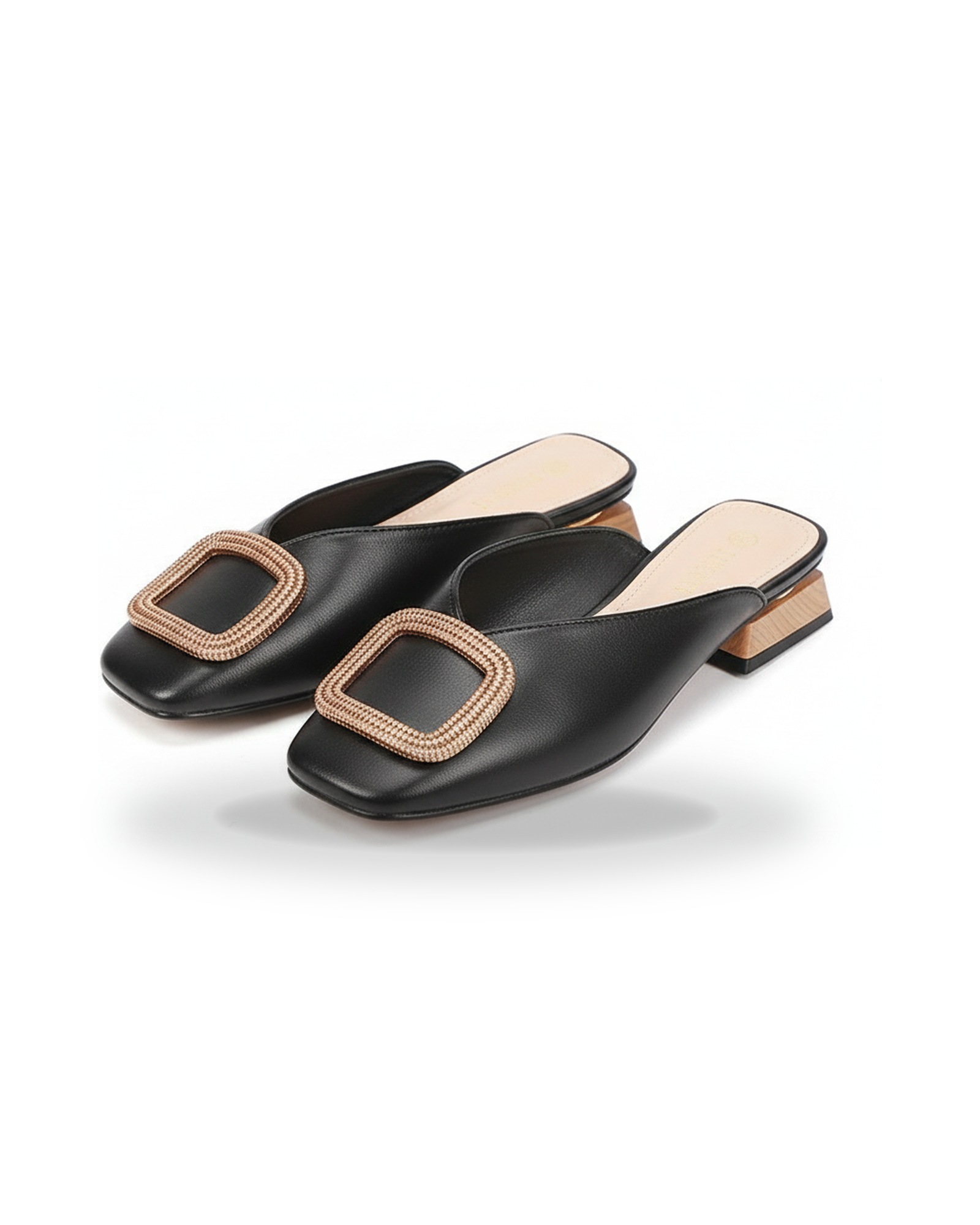 Lieuwkje square-buckle block-heel mule in black — product pair packshot (AI visualisation)