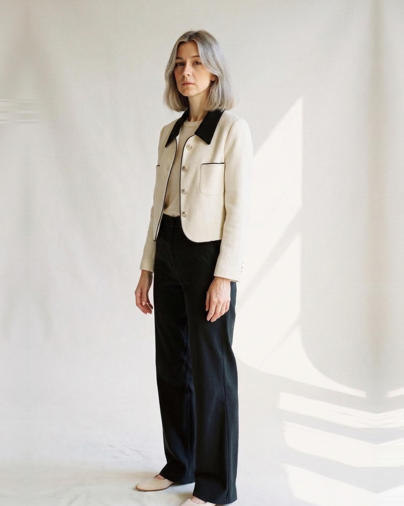 Carlijn cream blazer with black contrast collar, black piping and gold buttons, three-quarter view (AI visualisation)