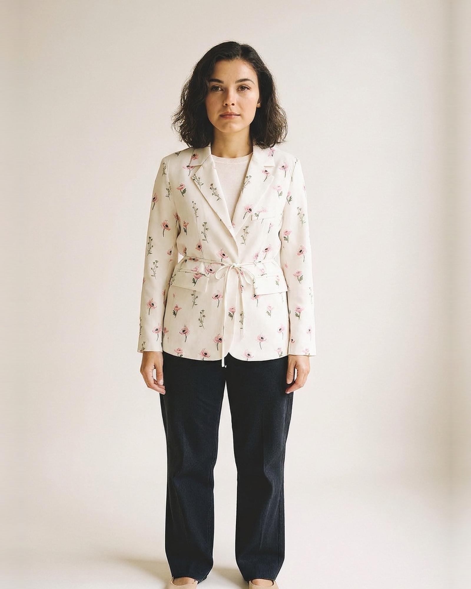 Dorothea cream blazer with pink ditsy floral print, shawl collar and self-tie belt, front view (AI visualisation)