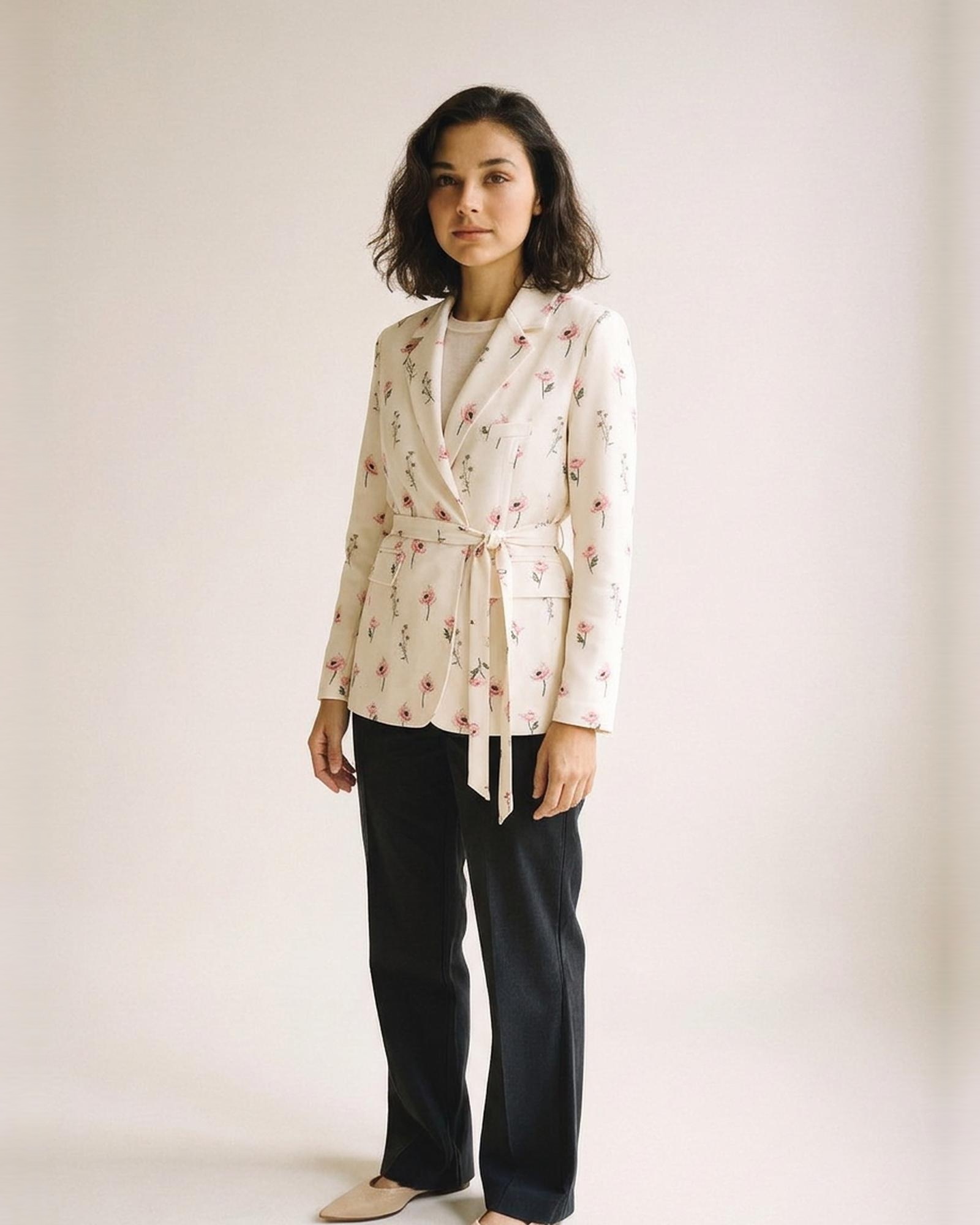 Dorothea cream blazer with pink ditsy floral print, shawl collar and self-tie belt, three-quarter view (AI visualisation)