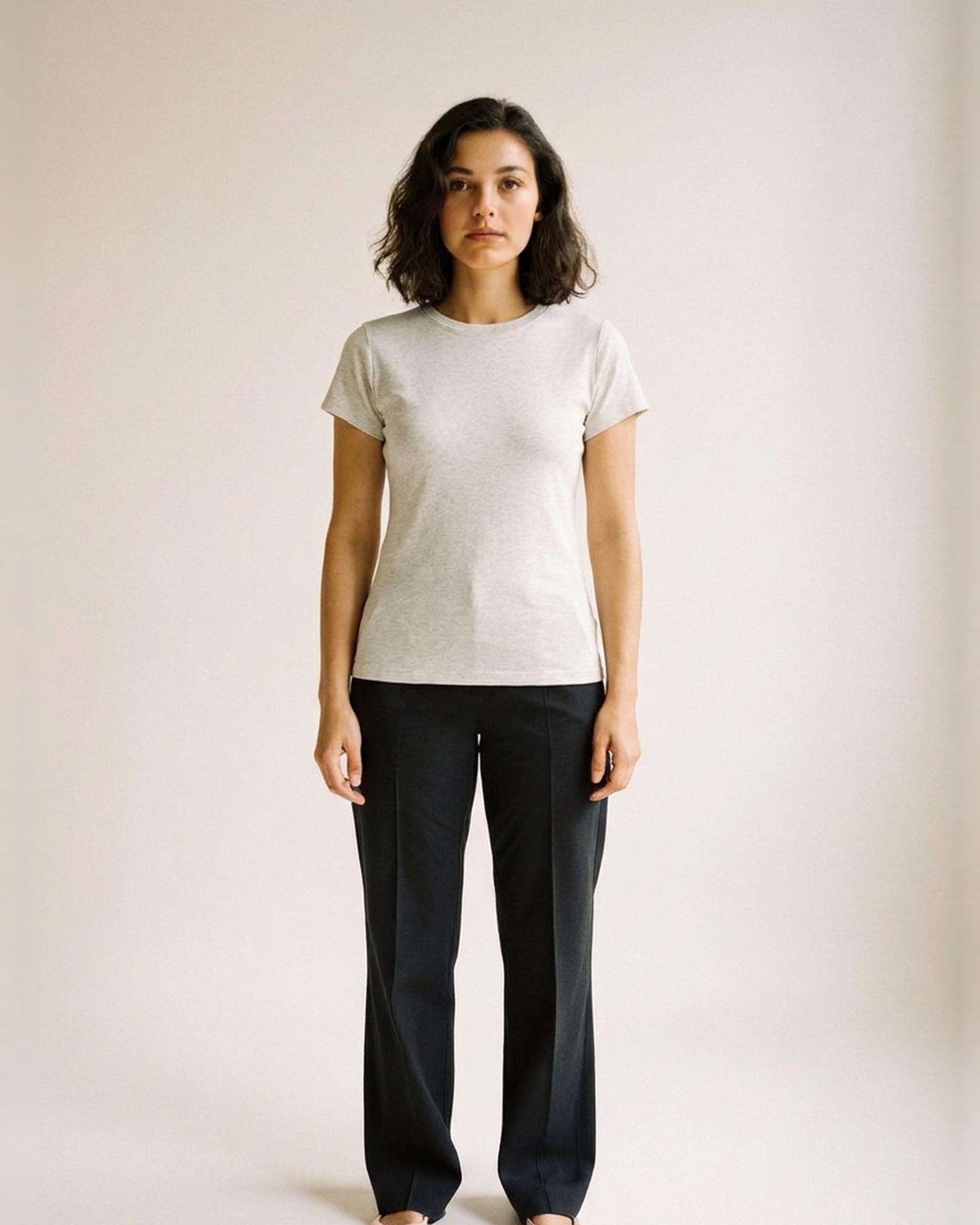 Eline · Round-neck short-sleeve cotton tee — on model, front (AI visualisation)