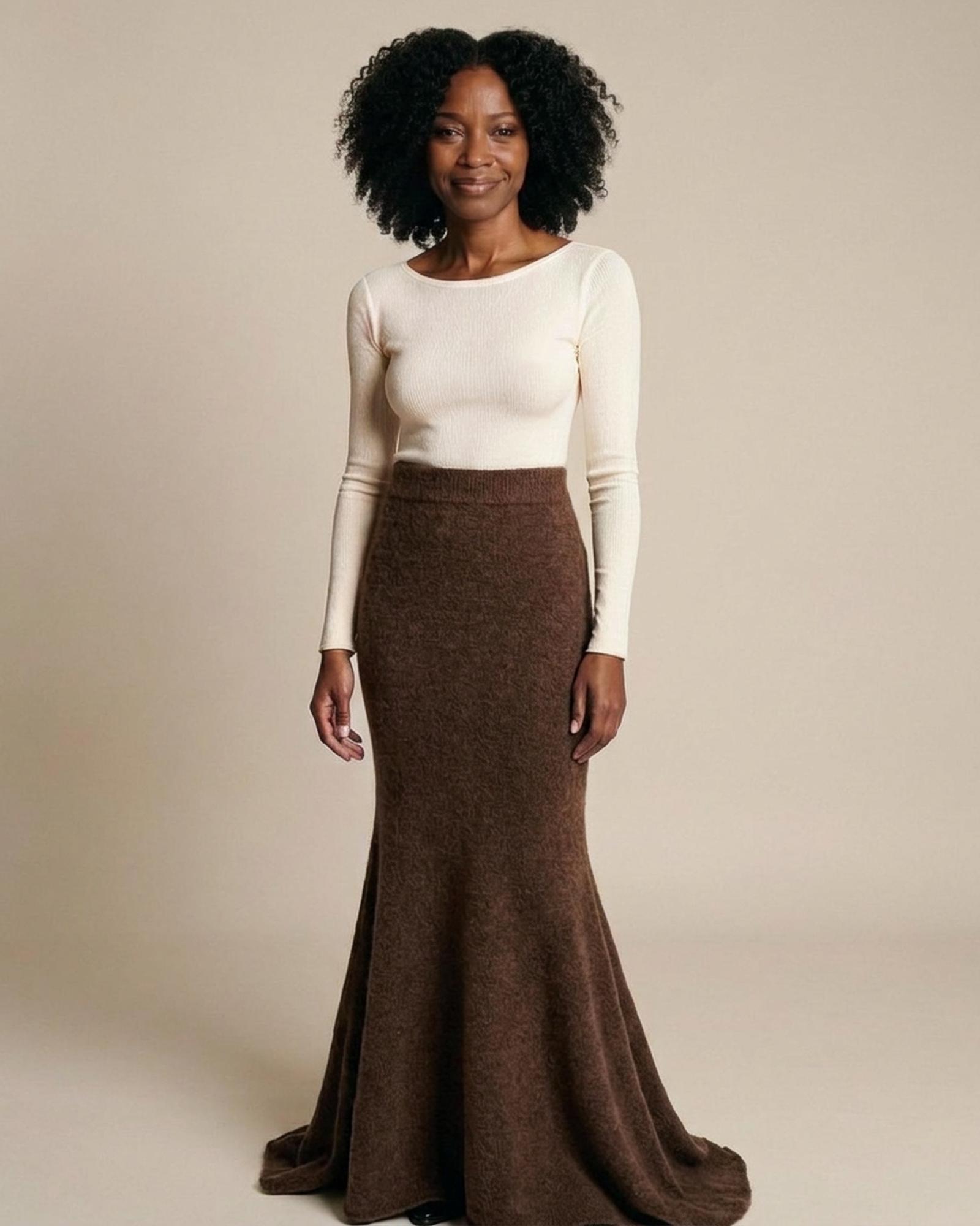 Fenne knitted A-line fishtail midi skirt — Coffee Brown (AI visualisation)