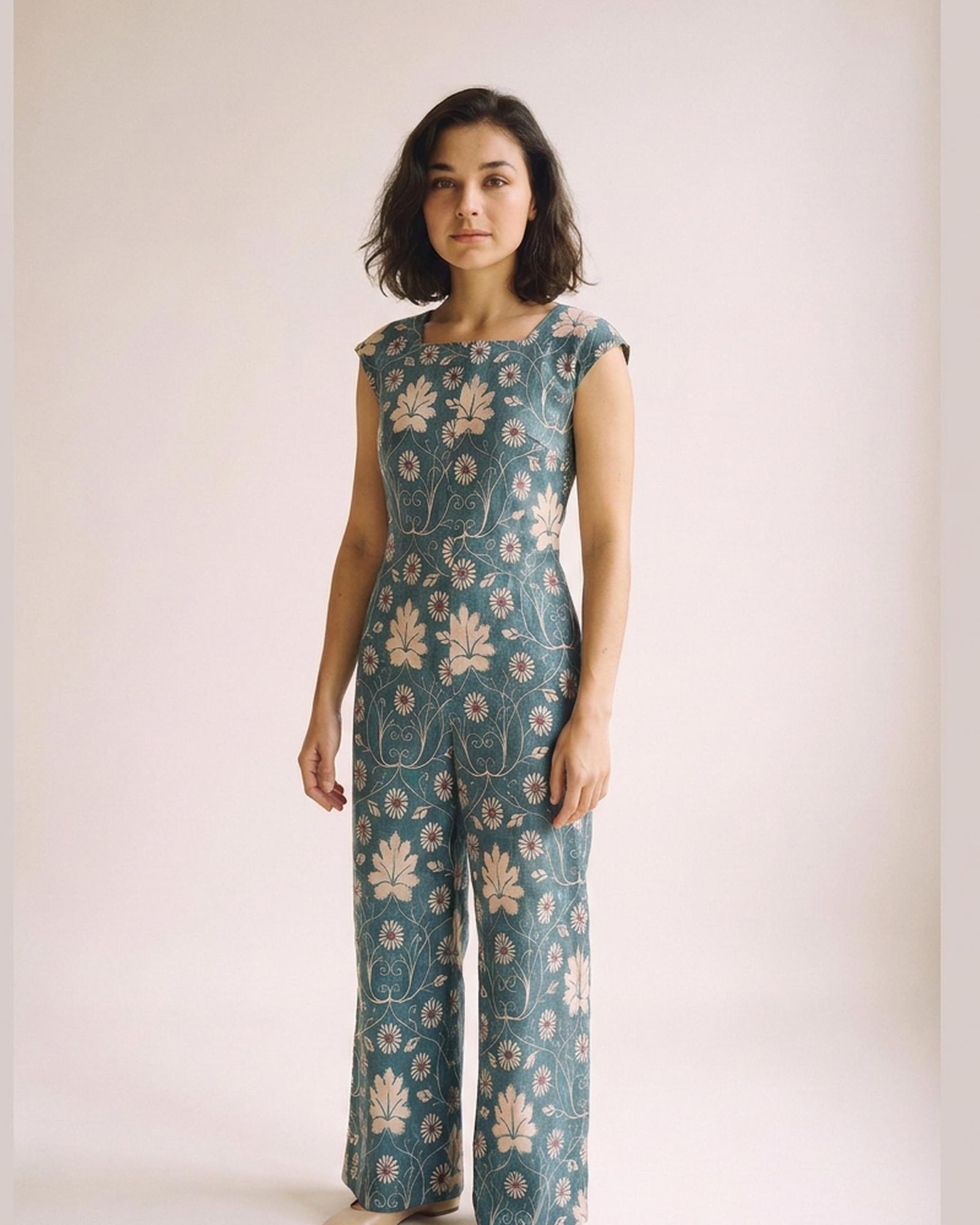 Francien printed cap-sleeve jumpsuit — Turquoise (AI visualisation)
