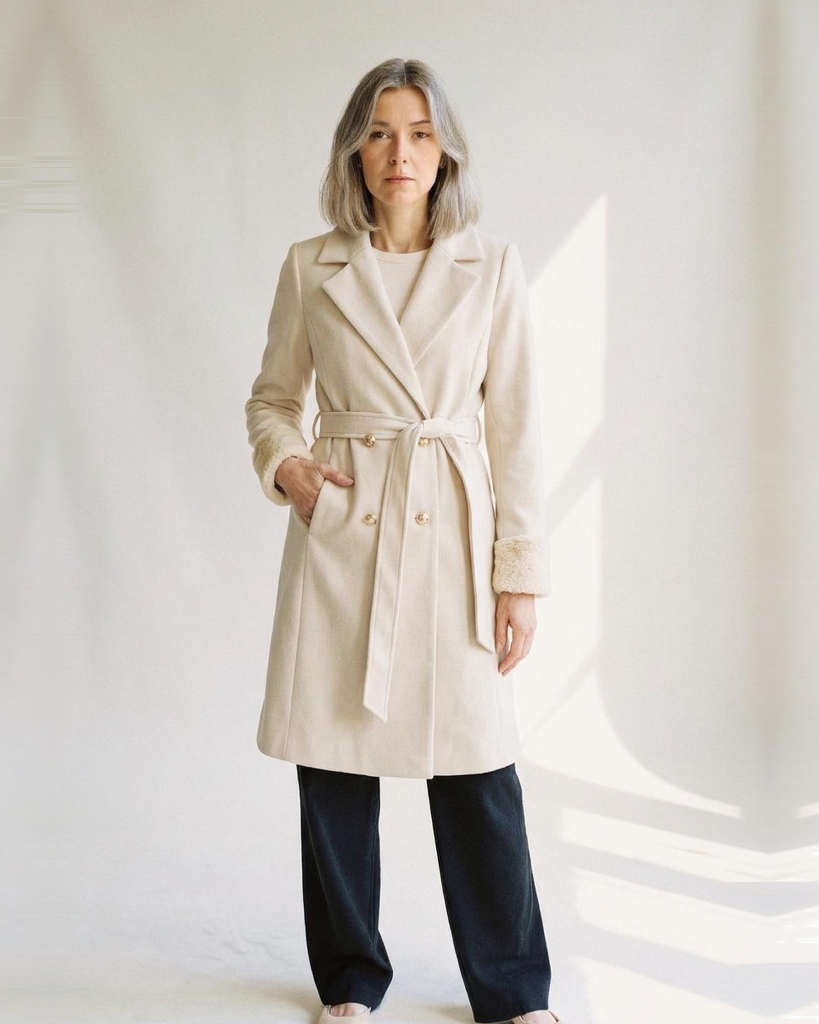 Geertje cream belted knee-length wool coat with gold buttons and notch lapels, three-quarter view (AI visualisation)