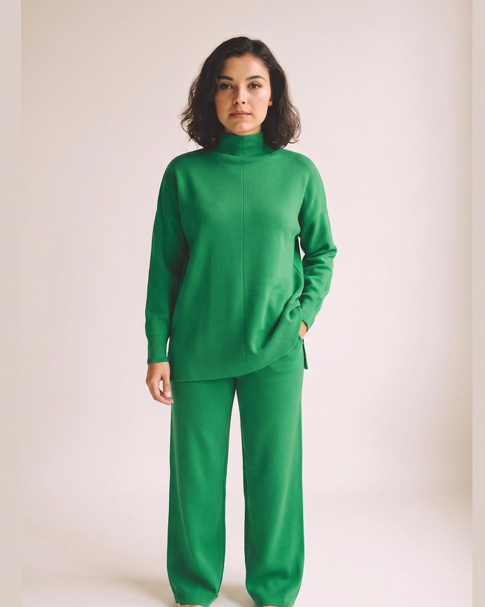 Godelieve knit sweater and trouser set — Green Suit (AI visualisation)
