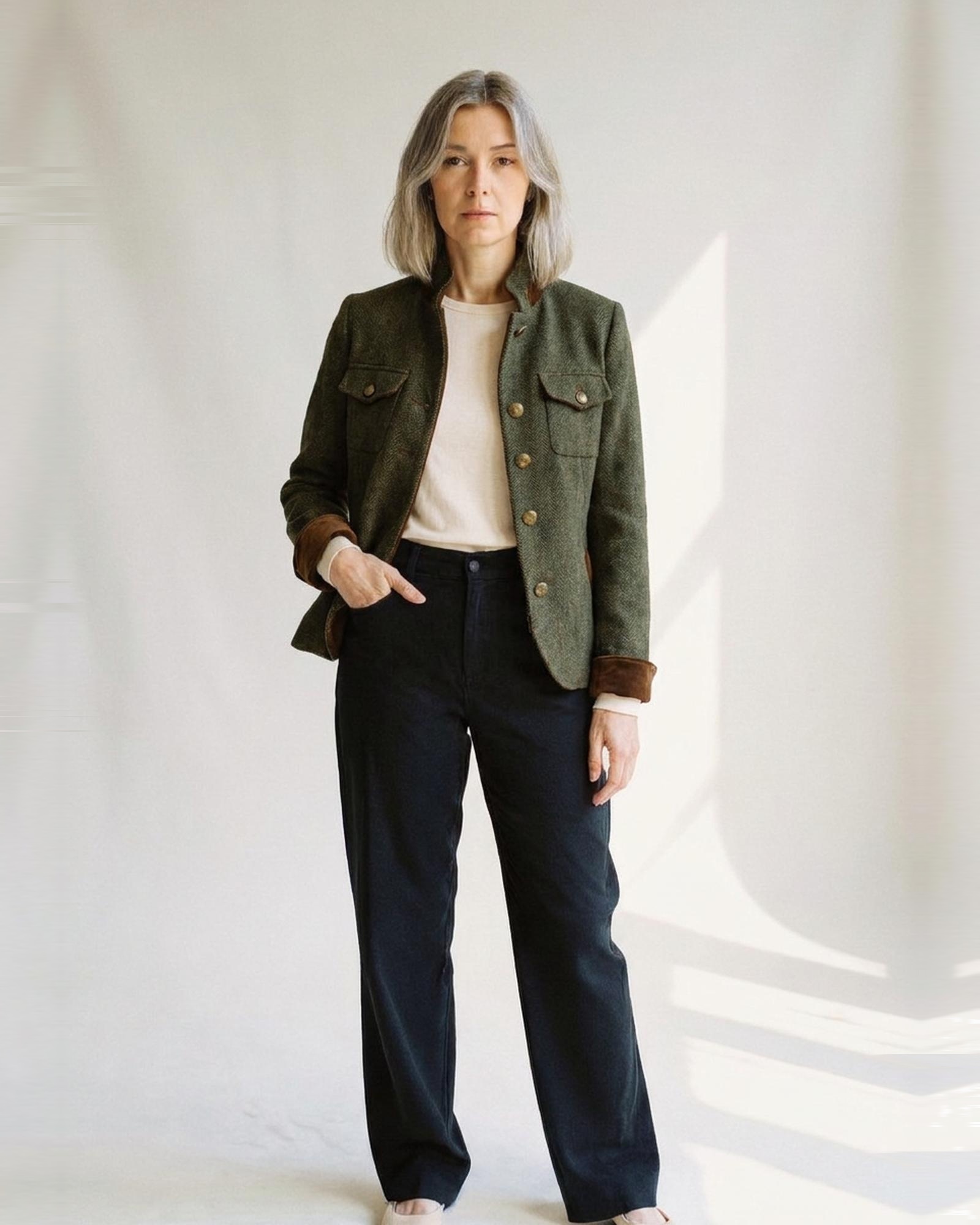 Gonda · Herringbone tweed blazer – army green (AI visualisation)
