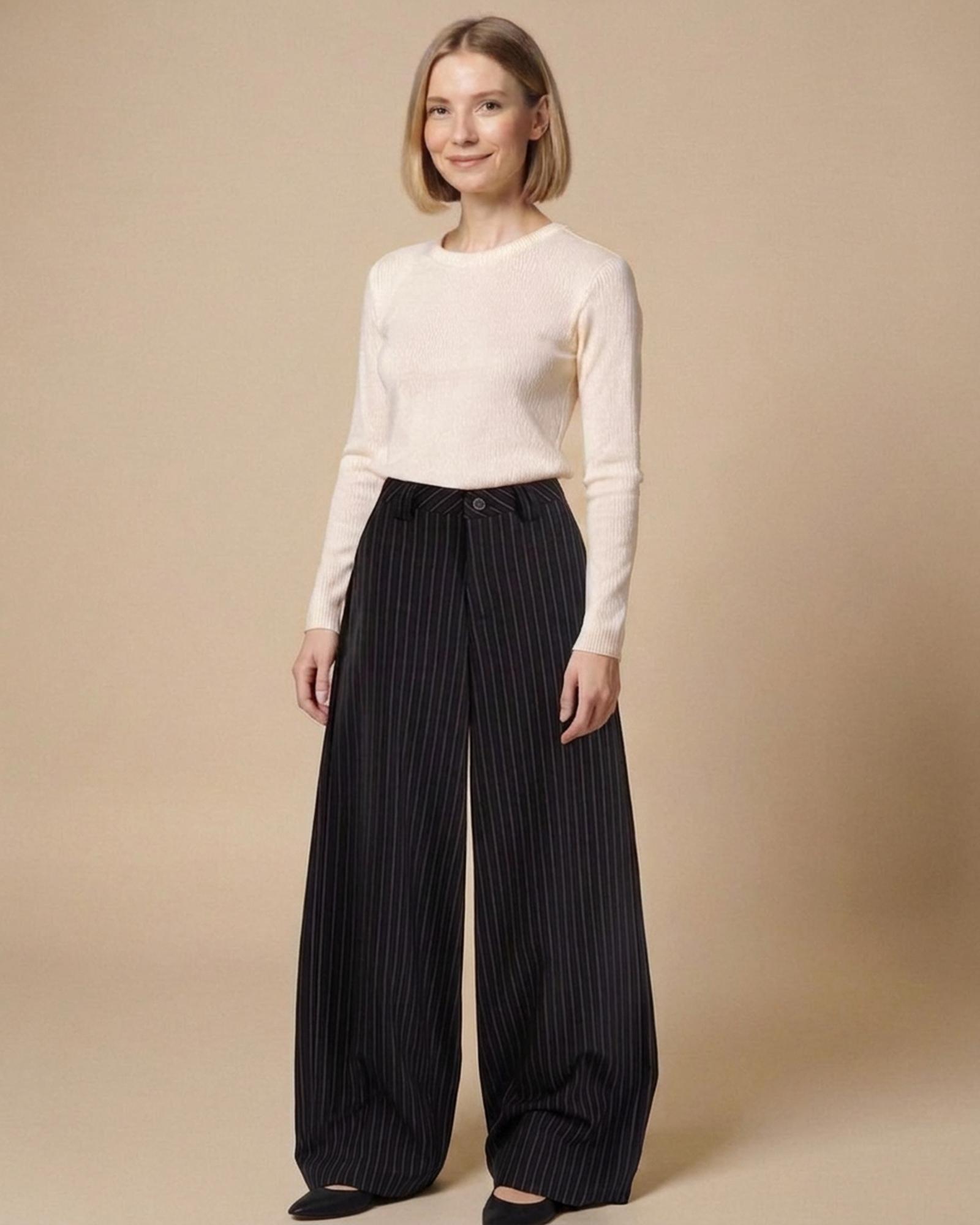 Pinstripe wide-leg palazzo trousers — on model (KI-Visualisierung)