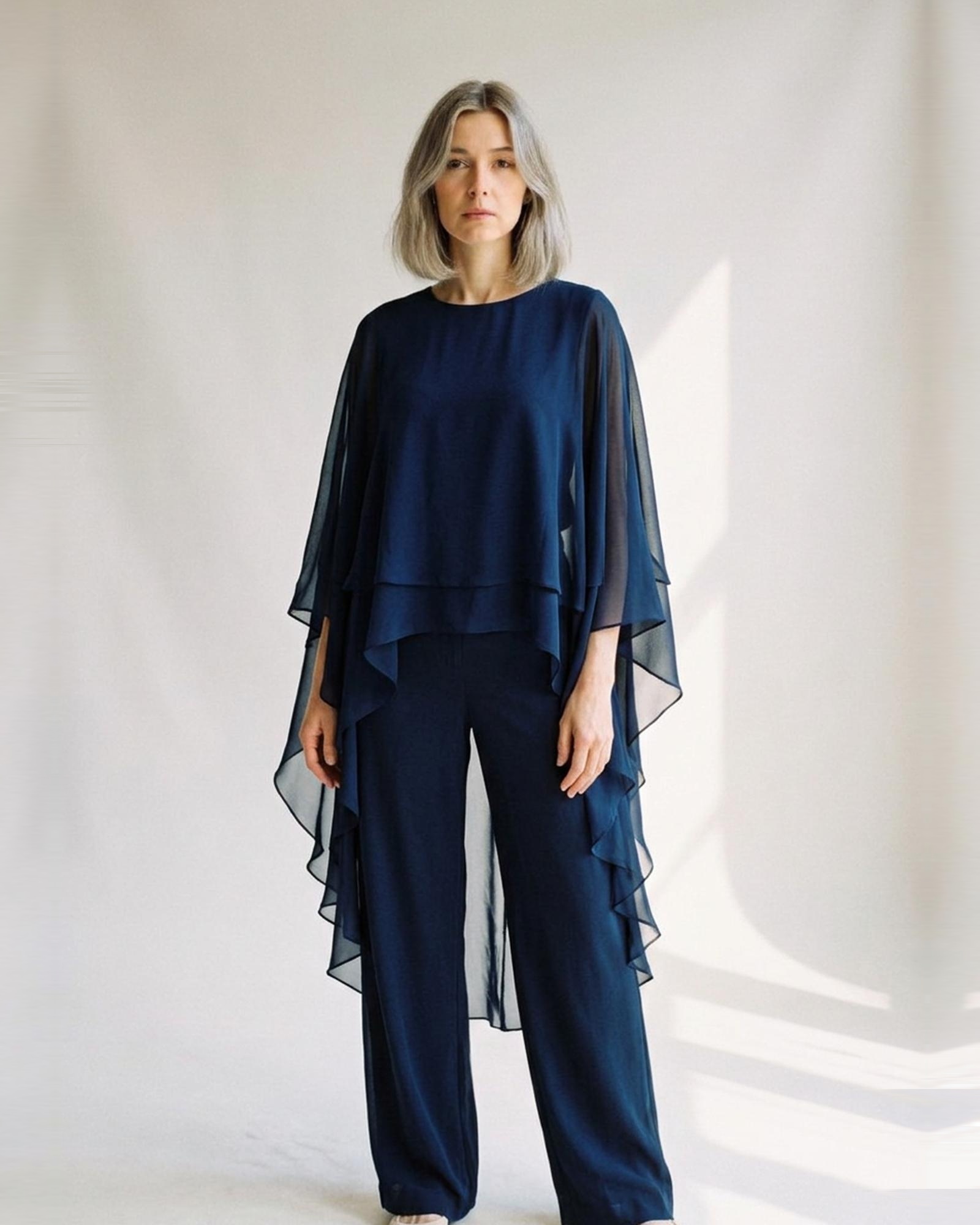 Jannie · Chiffon cape-top met broek (set) – productweergave