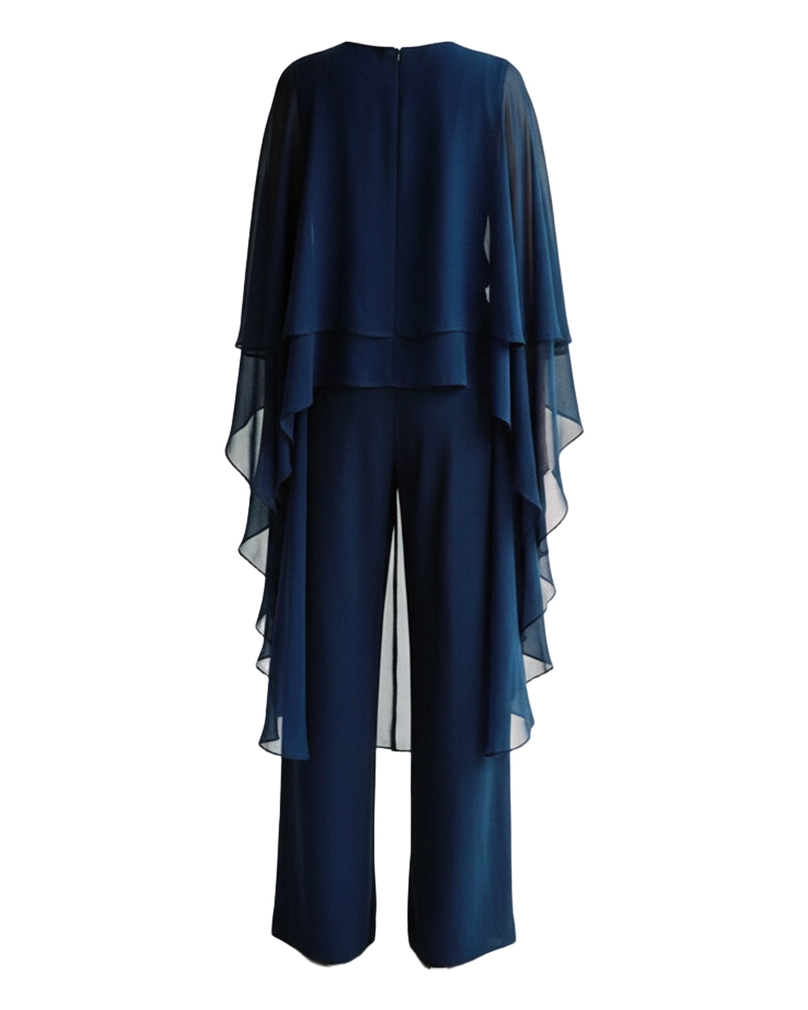 Jannie chiffon cape-top and trouser set — volledige-set achteraanzicht packshot (AI-visualisatie)