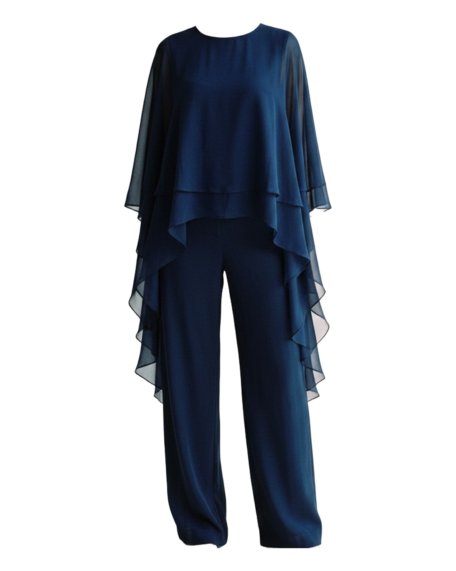 Jannie chiffon cape-top and trouser set — volledige-set vooraanzicht packshot (AI-visualisatie)