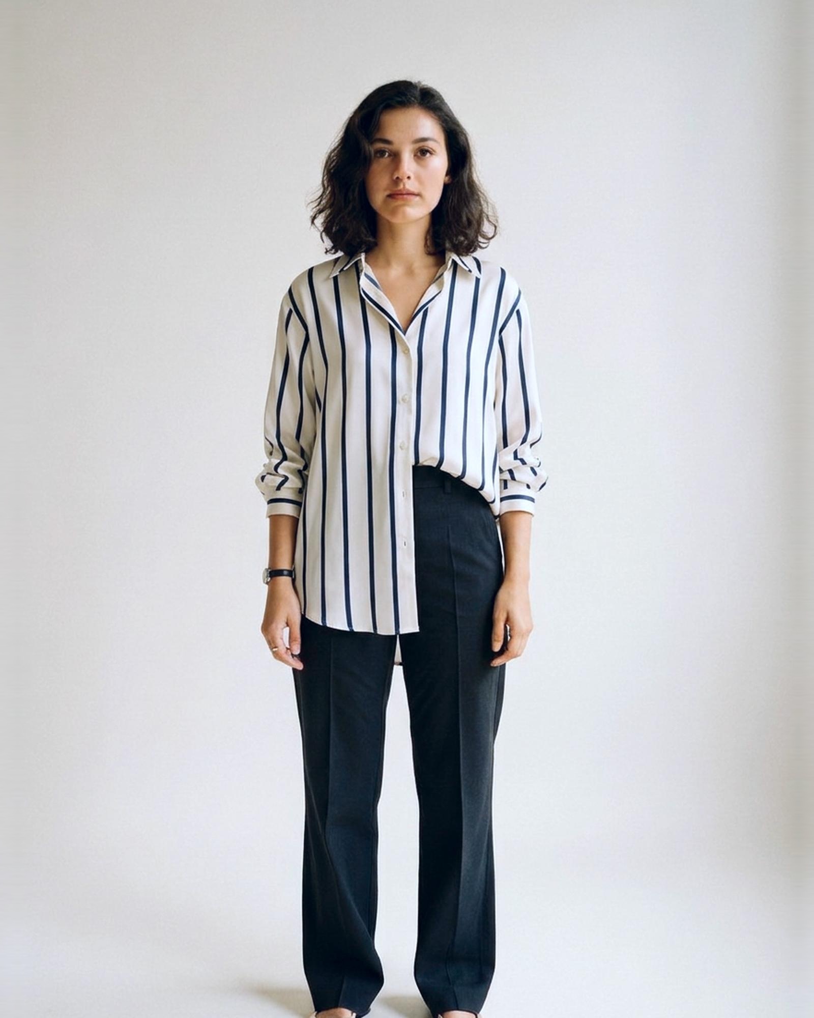 Karin · Striped satin blouse — on model, front (AI visualisation)