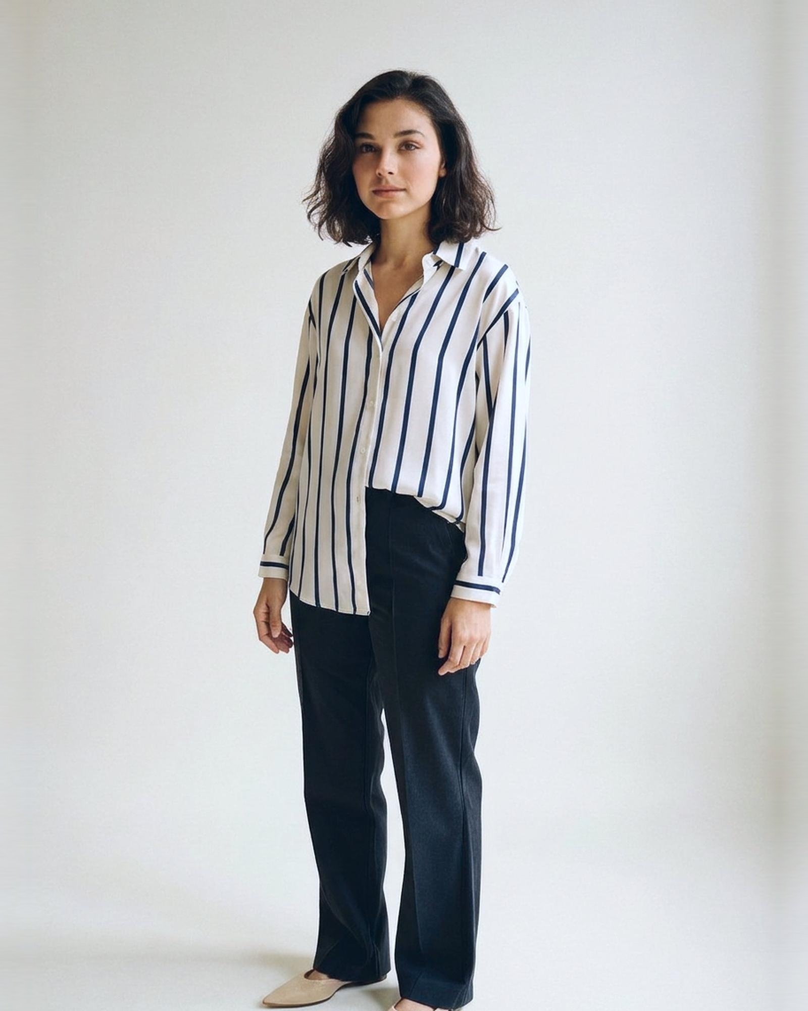 Karin · Striped satin blouse — on model, three-quarter (AI visualisation)