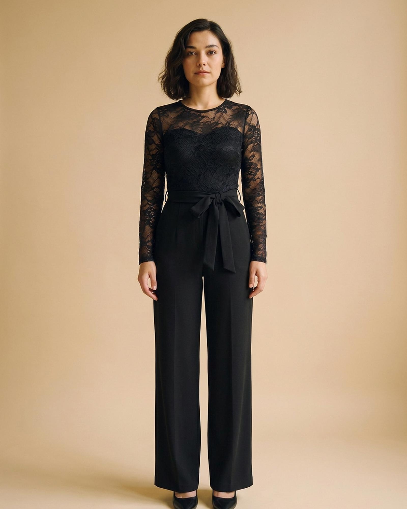 Marianne lace-panel belted jumpsuit — Black (AI visualisation)