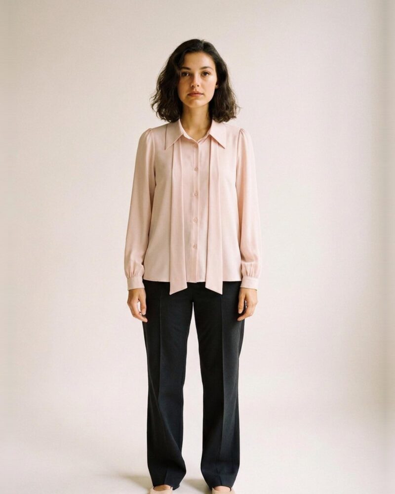 Mirthe · Chiffon blouse with ribbon tie — on model, front (AI visualisation)