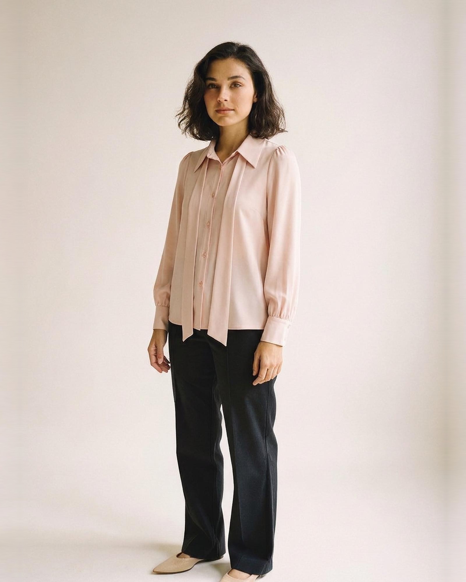 Mirthe · Chiffon blouse with ribbon tie — on model, three-quarter (AI visualisation)