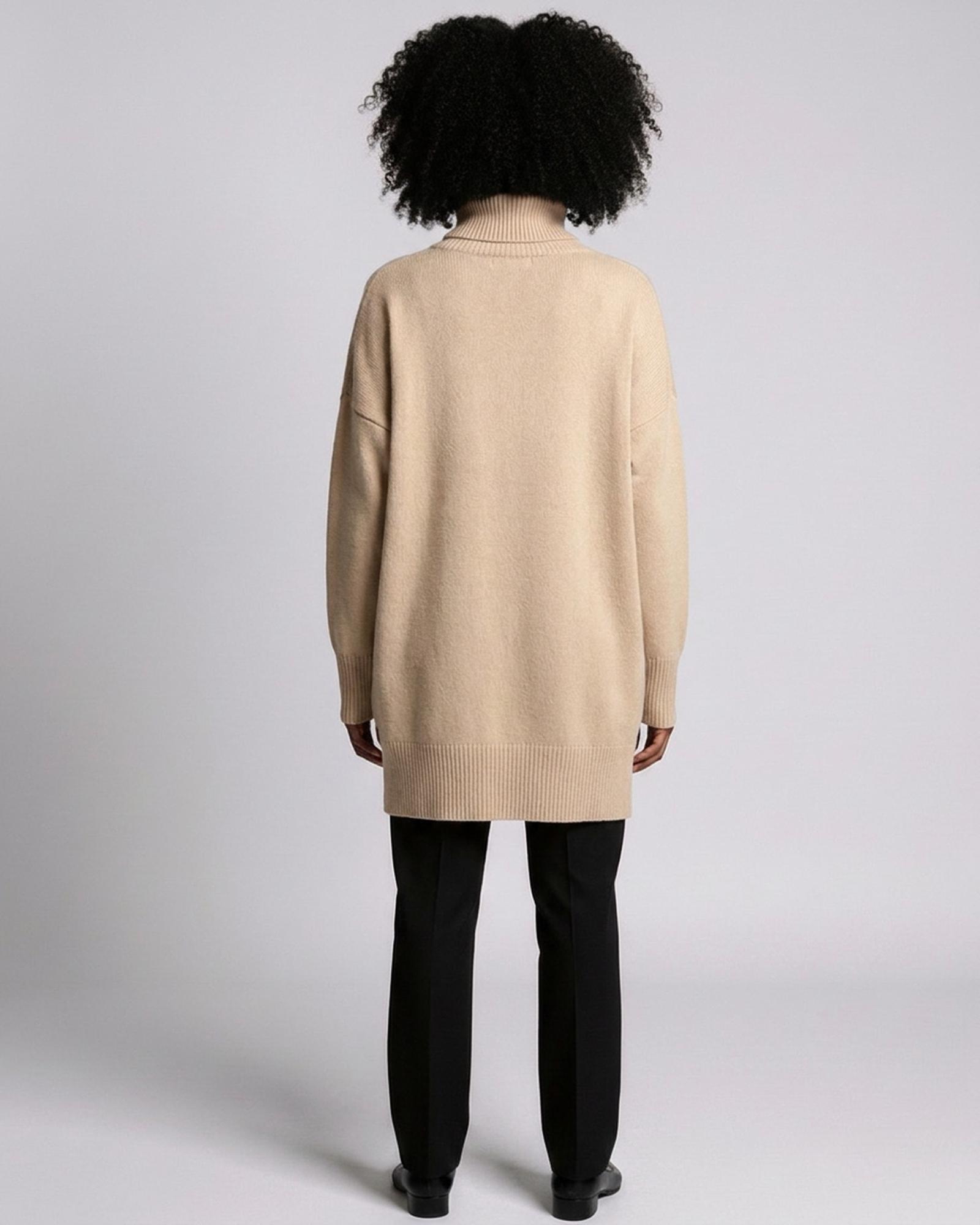 Oversized turtleneck sweater — back view on model (AI visualisation)