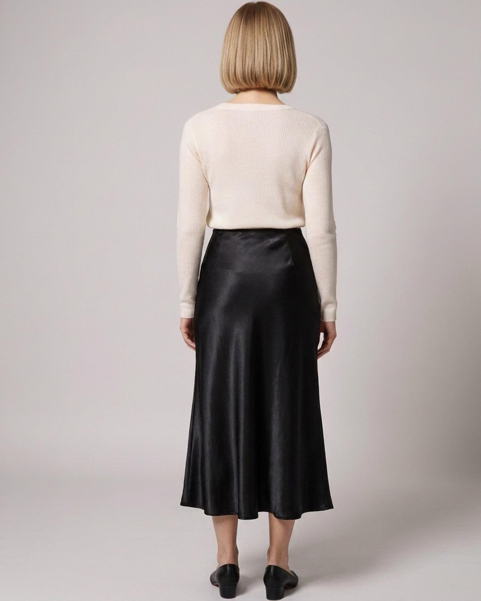 Satin midi skirt — back view on model (AI visualisation)
