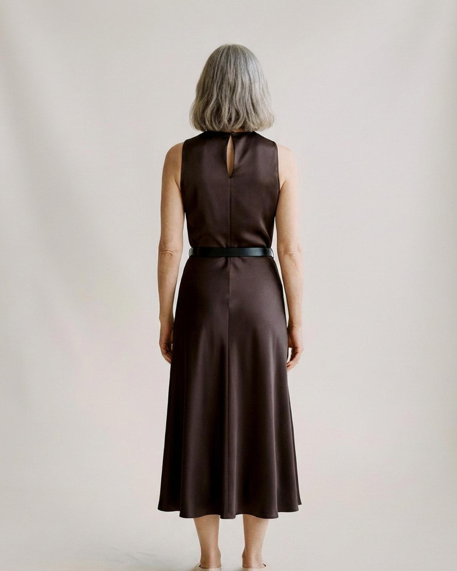 Satin belted midi dress — back view on model (AI visualisation)