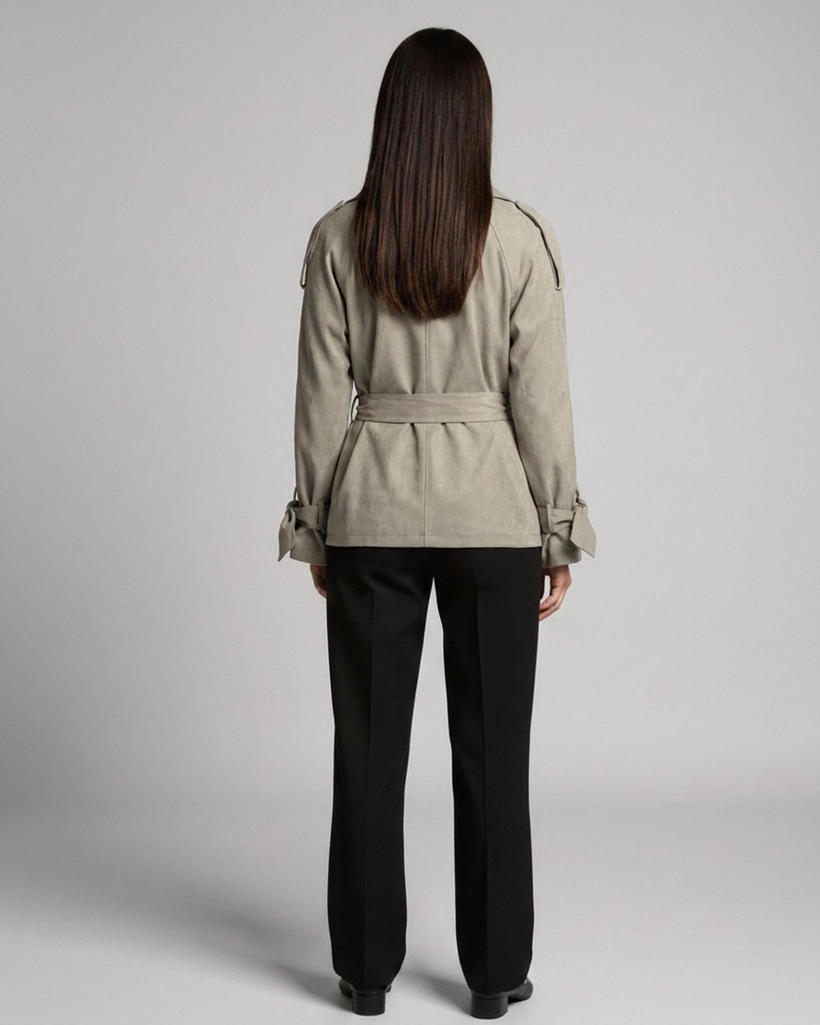 Faux-suede tie trench — back view on model (AI visualisation)