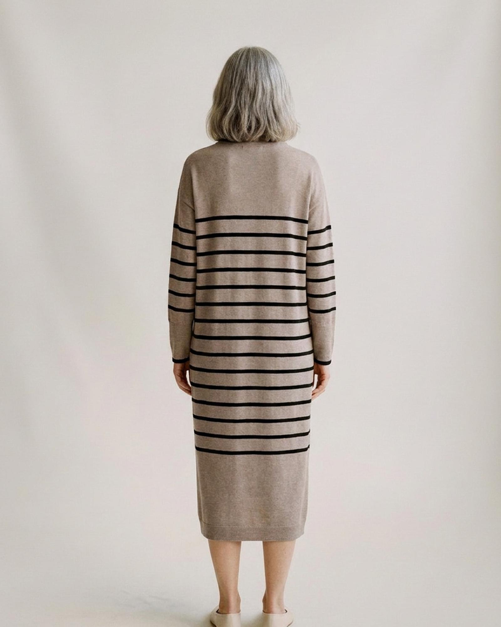 Striped knit midi dress — back view on model (AI visualisation)