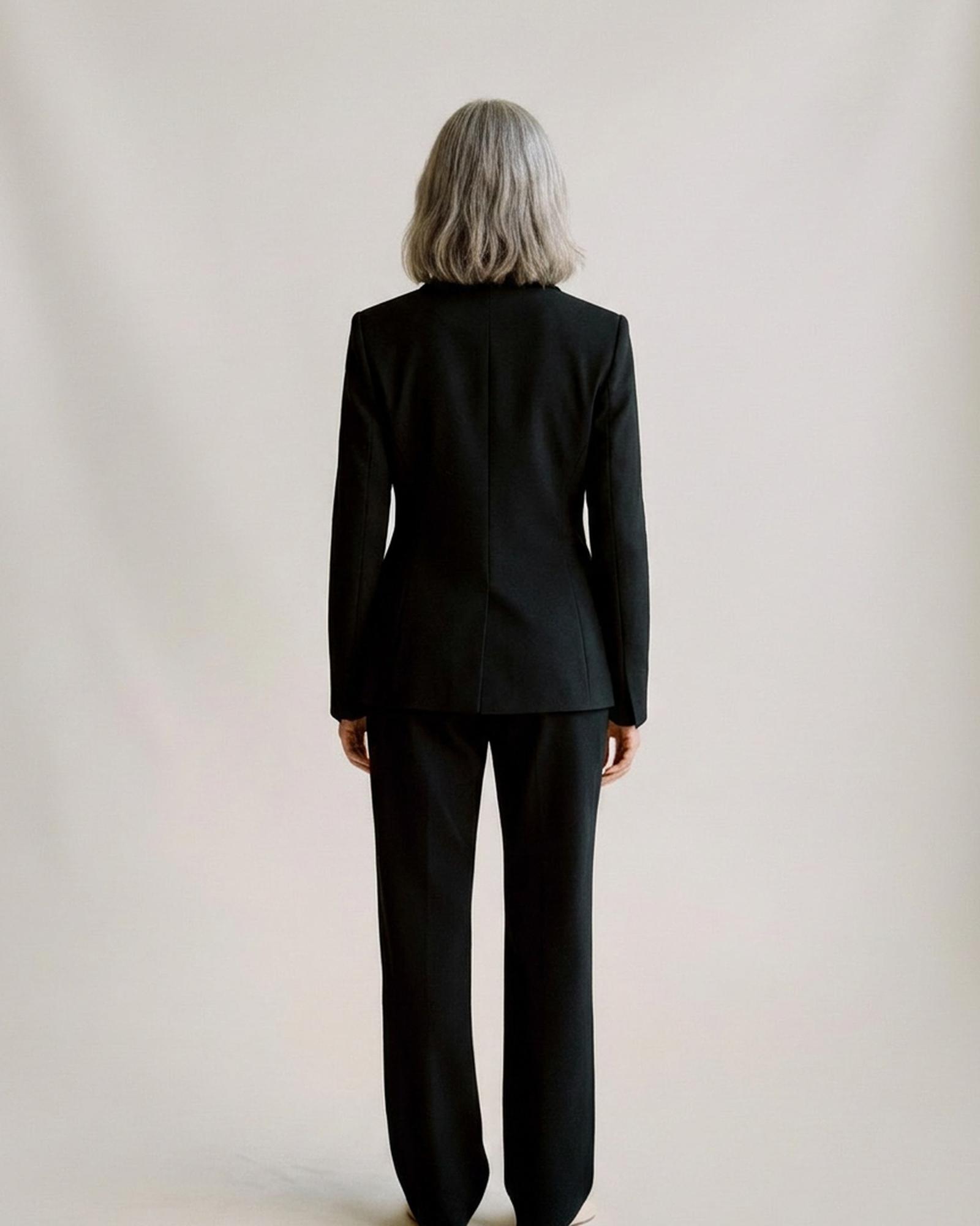 Black slim-fit blazer — Rückansicht am Modell (KI-Visualisierung)