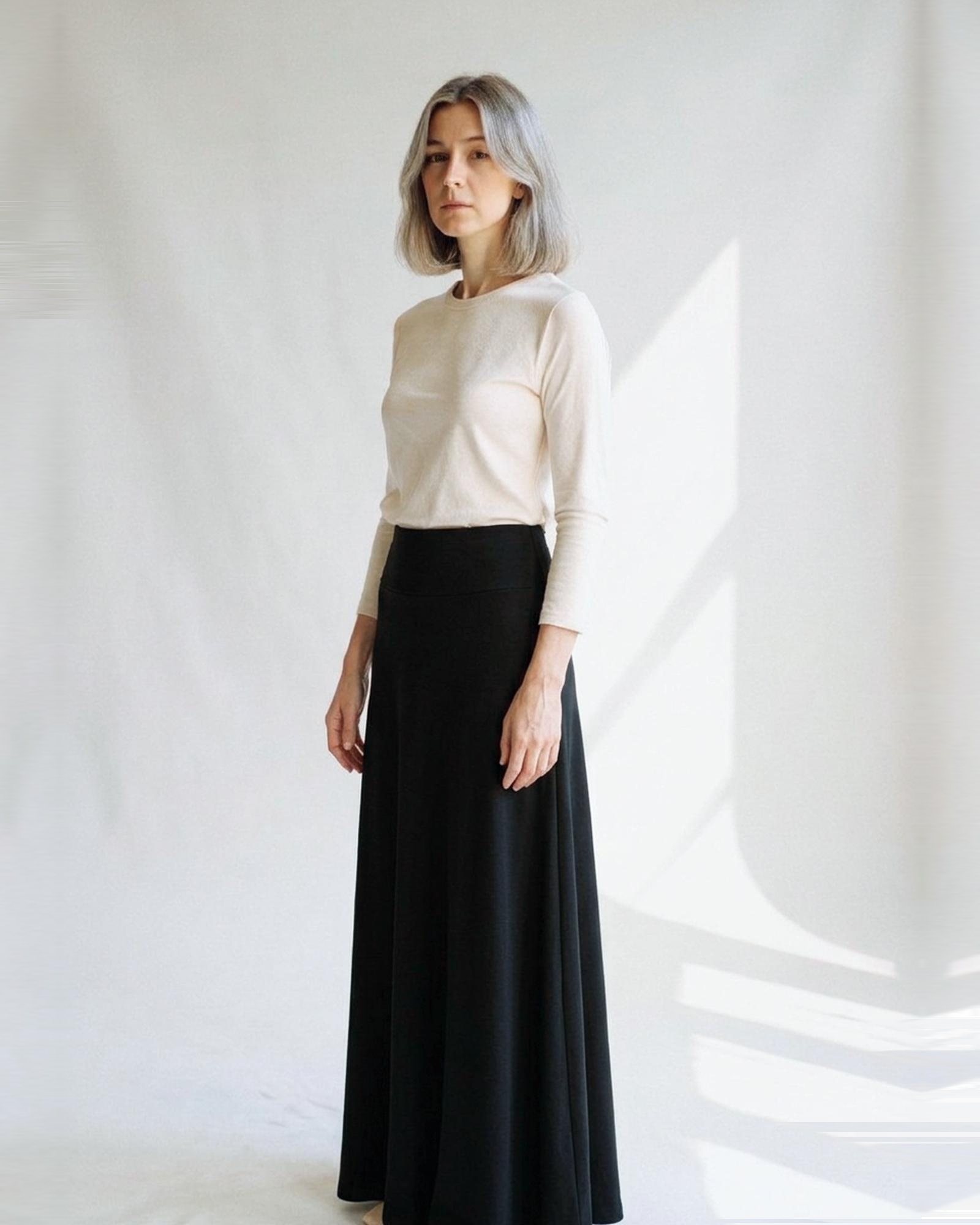 Nadia · High-waist A-line maxi skirt (AI visualisation)