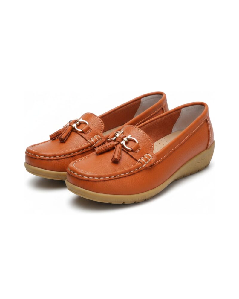 Cootje leather tassel moccasin in Orange — product pair packshot (AI visualisation)
