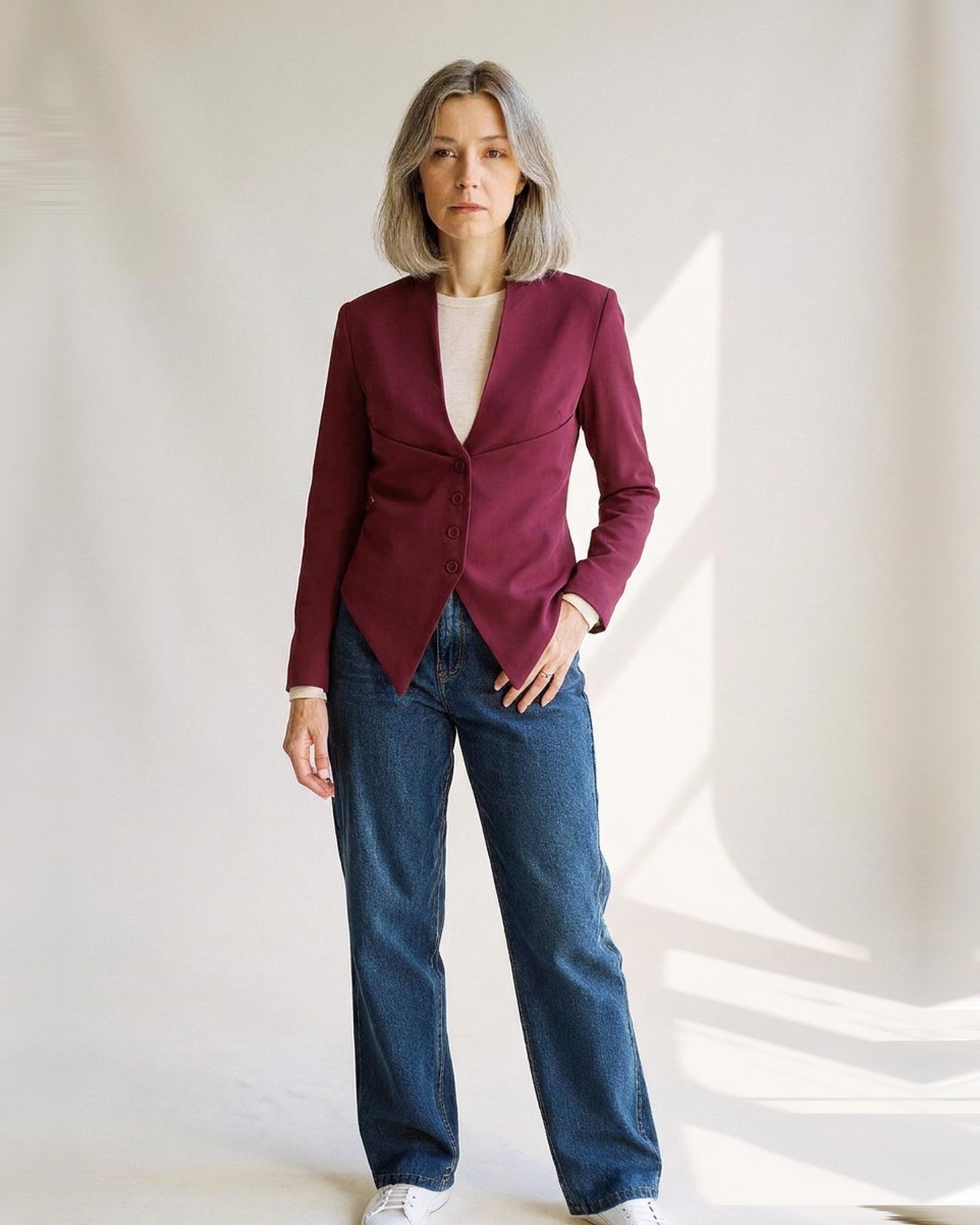 Petronella wine-red collarless slim-fit blazer coat with deep V neckline and fabric buttons, front view (AI visualisation)