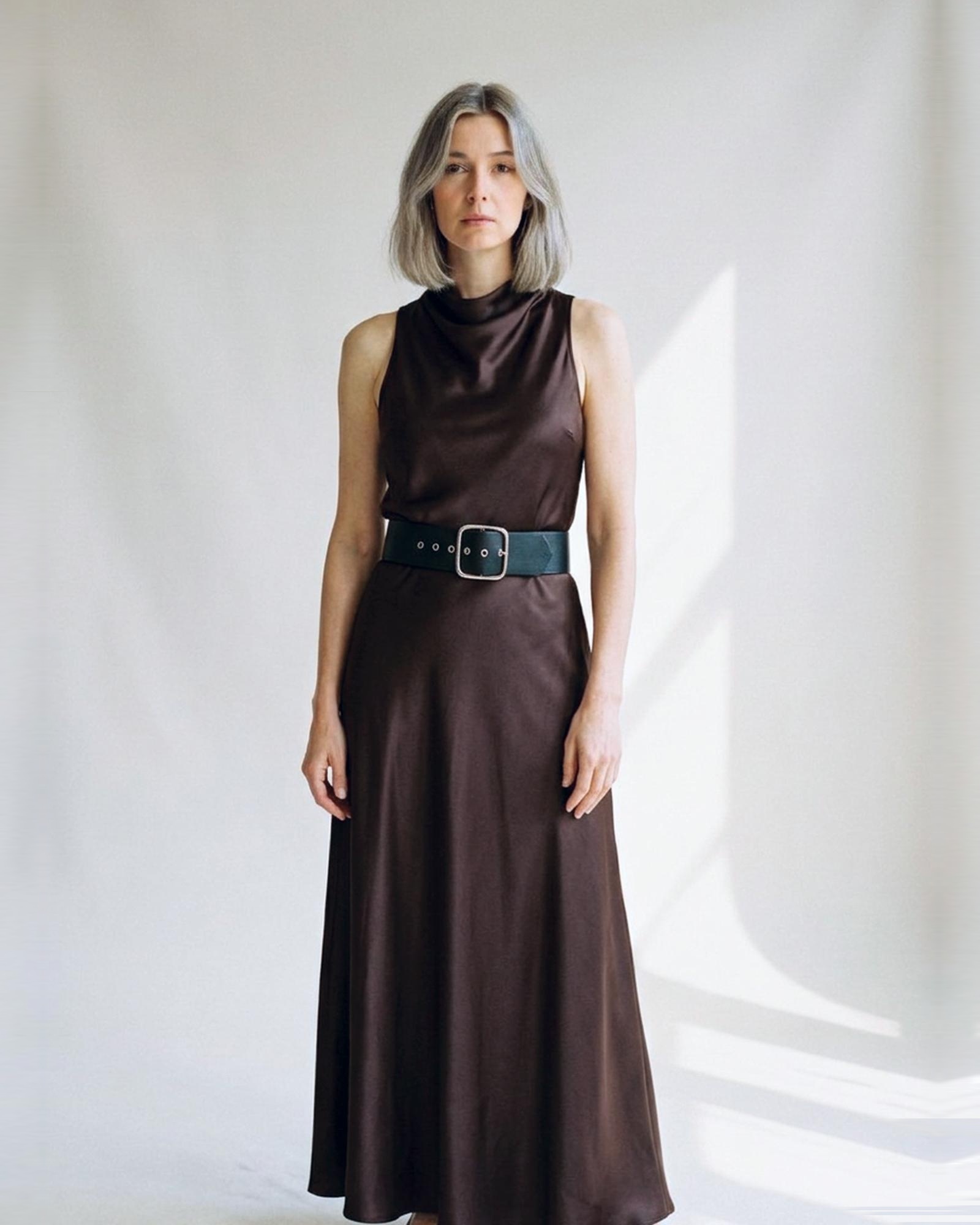 Selene — Satin belted midi dress (AI visualisation)