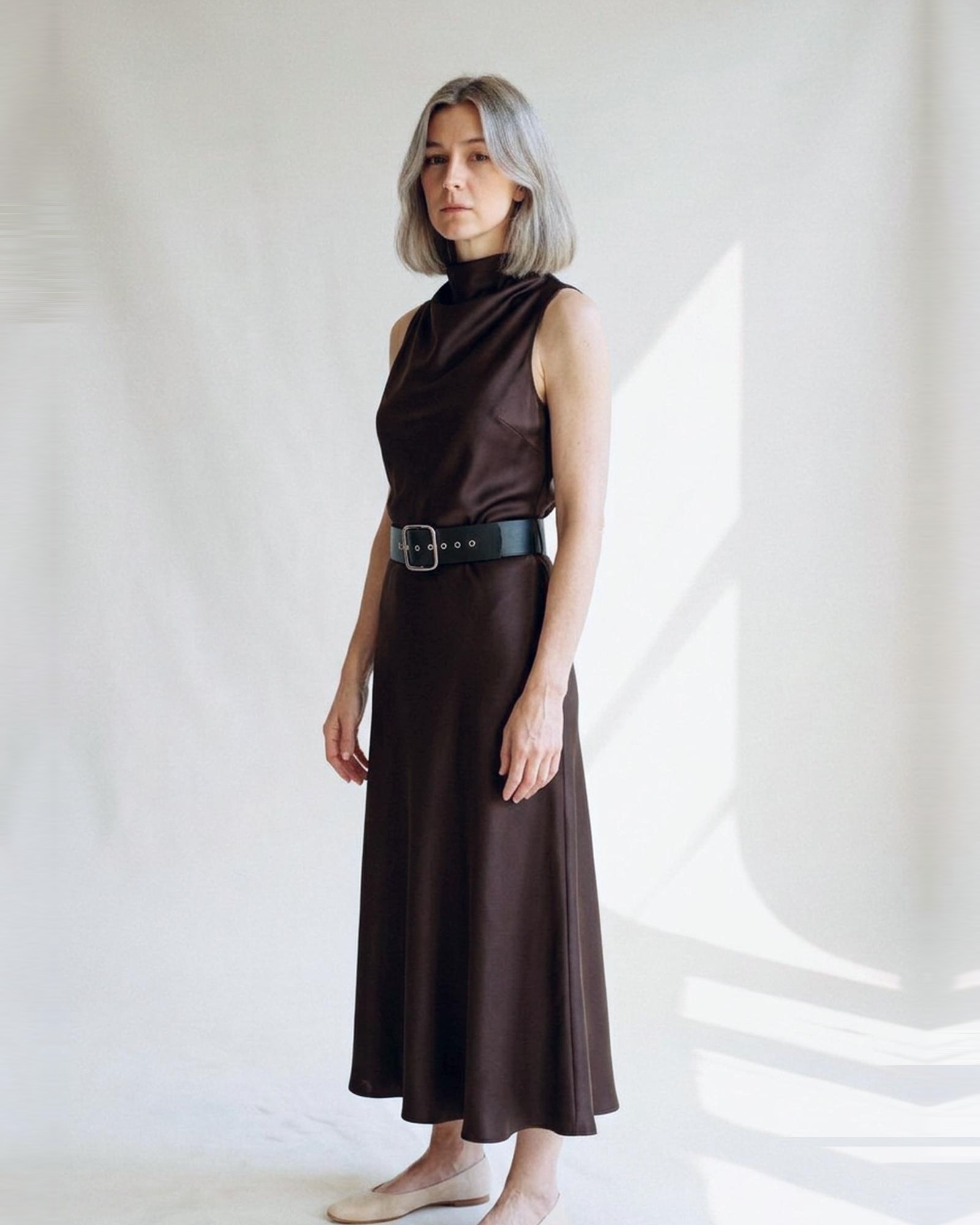 Selene — Satin belted midi dress (AI visualisation)