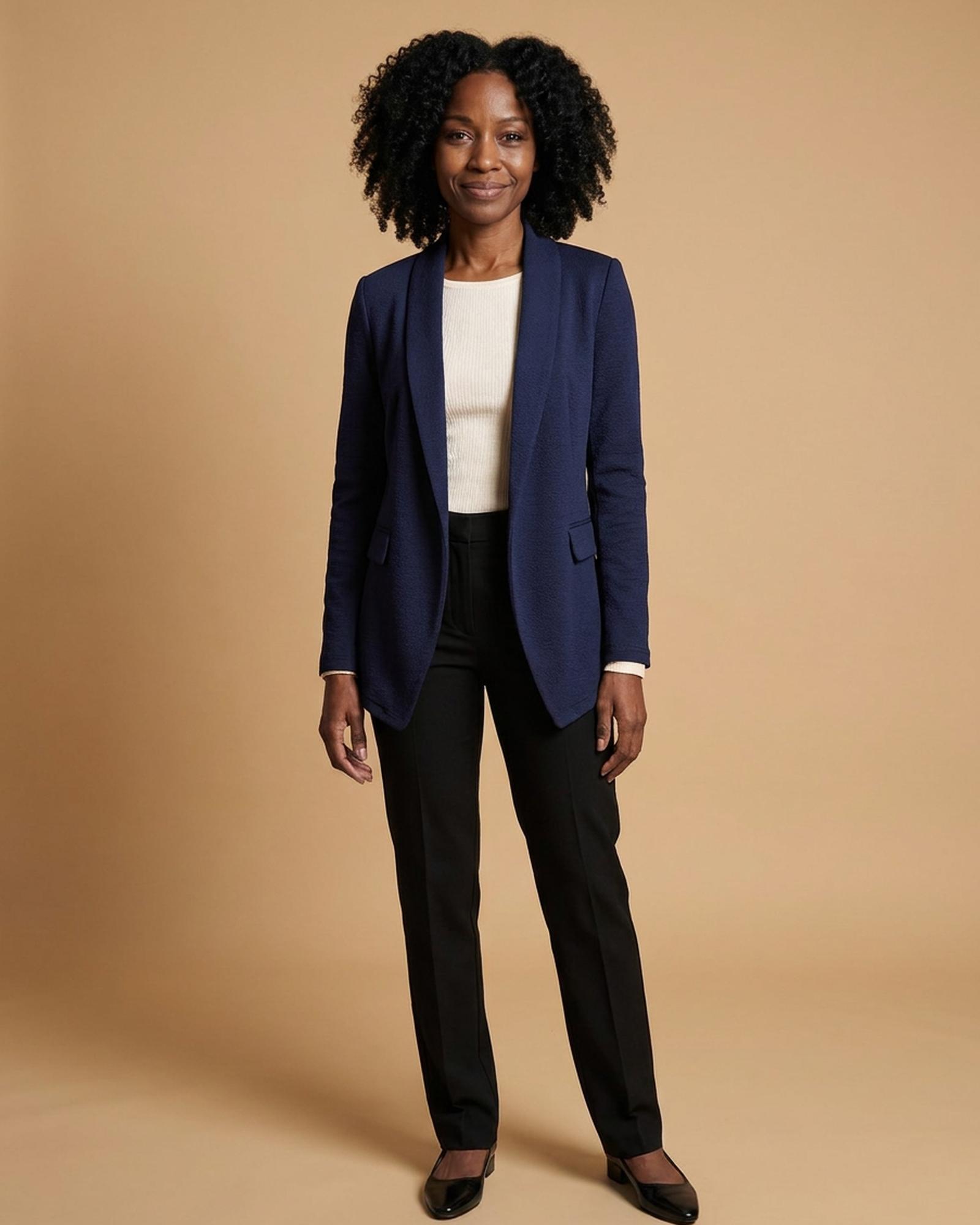 Navy blazer — three-quarter view on model (AI visualisation)