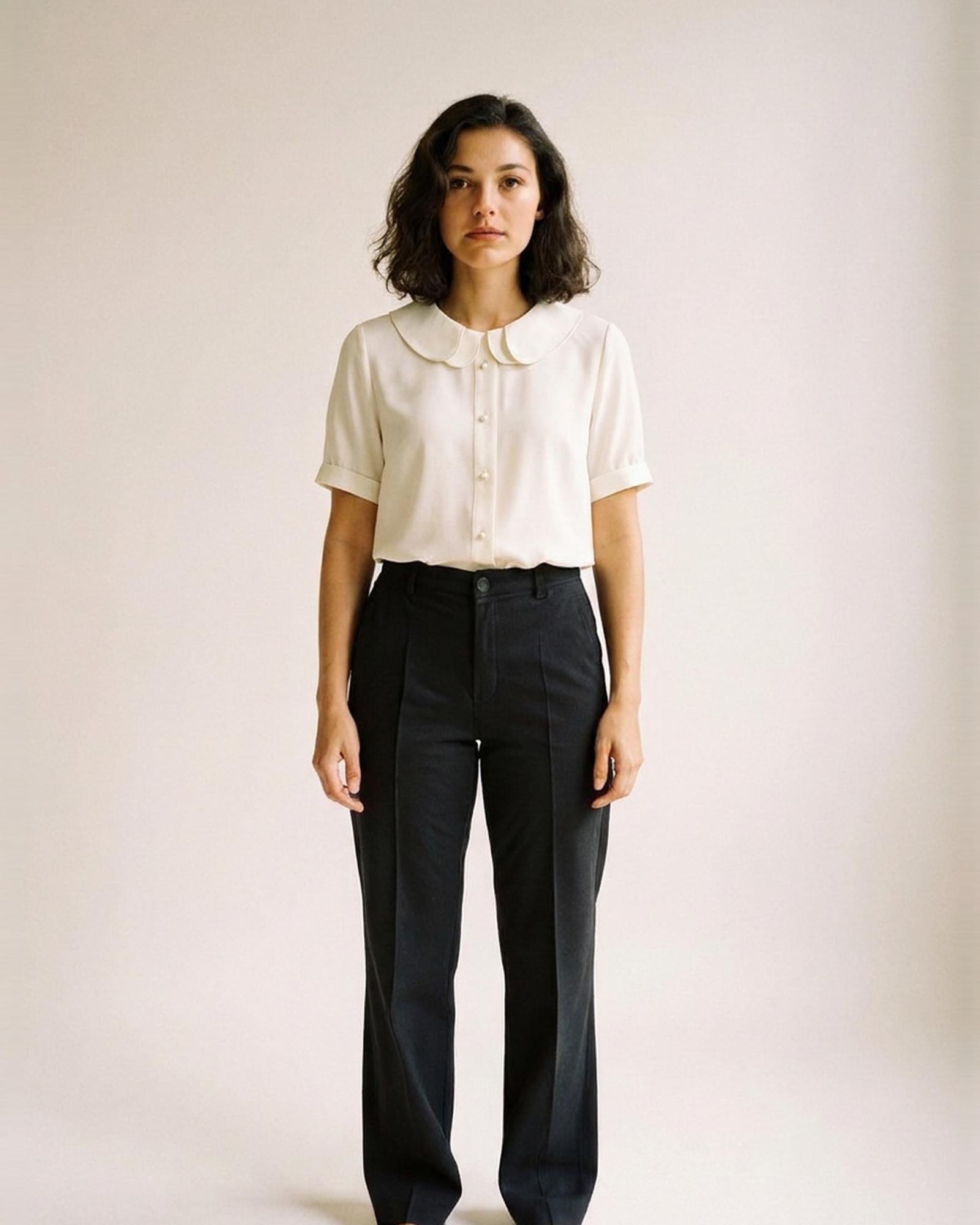 Tineke · Peter Pan collar chiffon blouse — on model, front (AI visualisation)