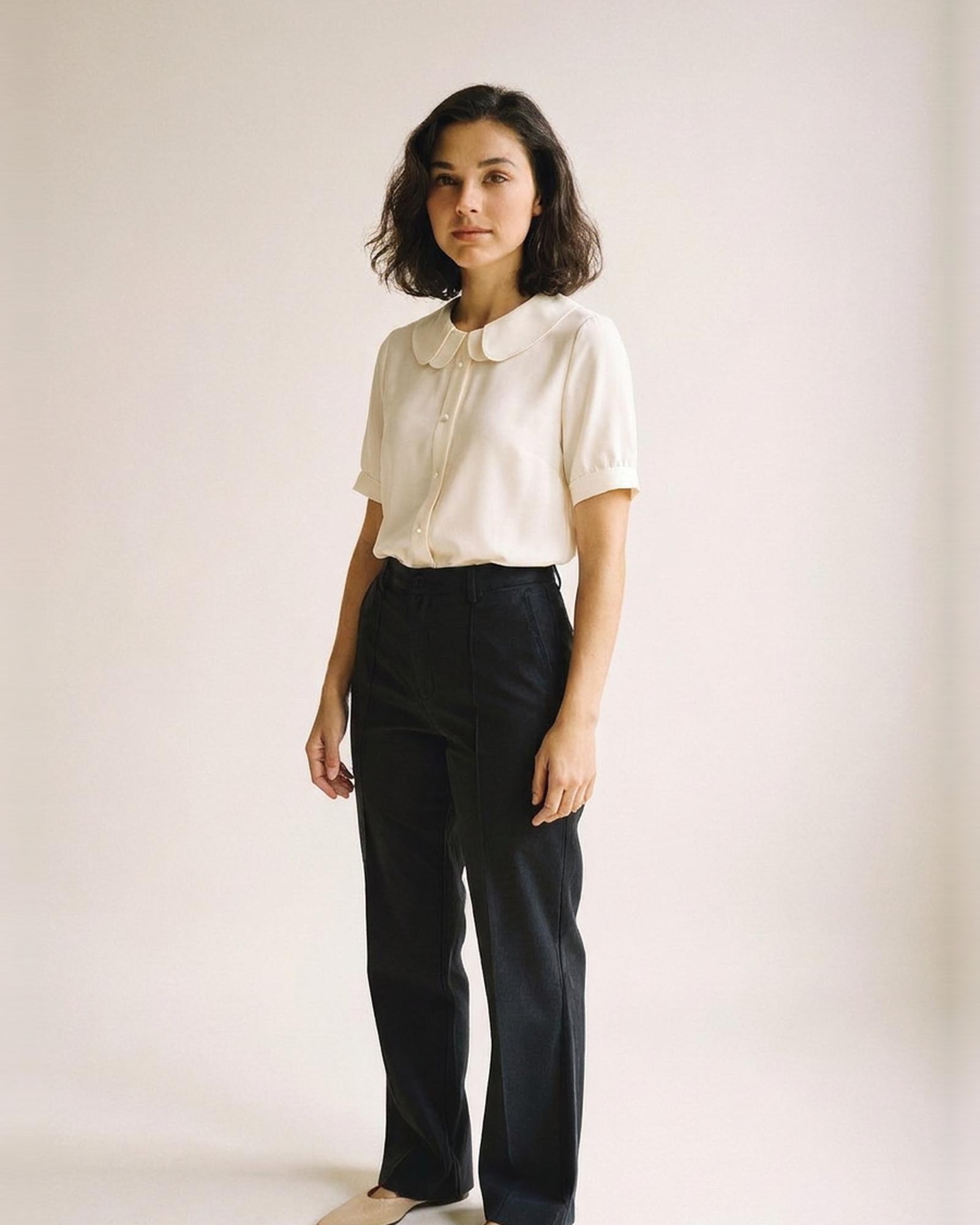 Tineke · Peter Pan collar chiffon blouse — on model, three-quarter (AI visualisation)
