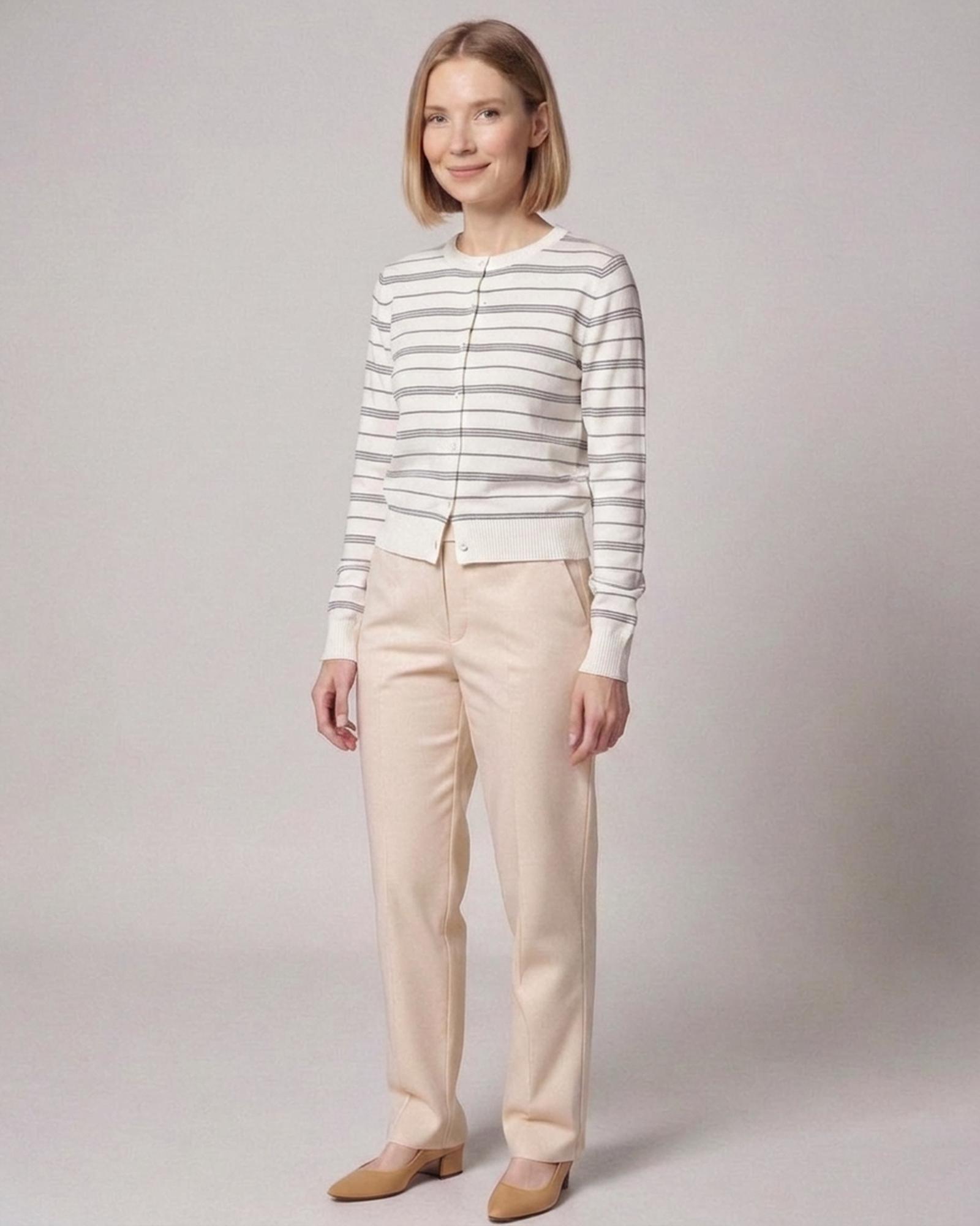 Toos striped knit cardigan — White and Blue Stripe (AI visualisation)