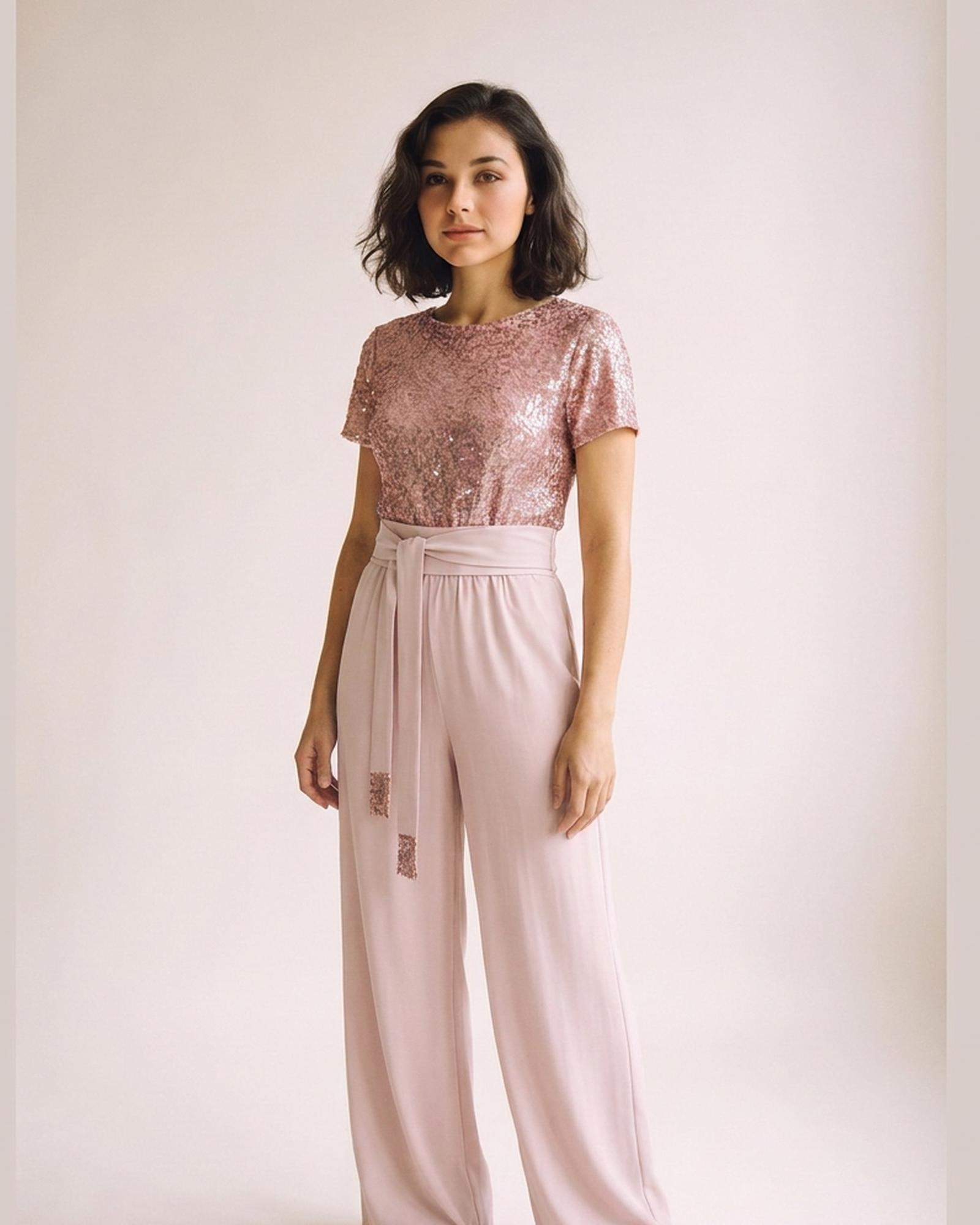 Yvonne sequin wide-leg jumpsuit — Dusty Pink (AI visualisation)
