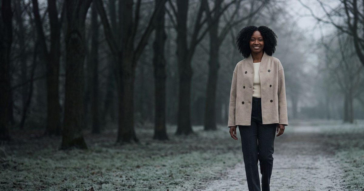 Lumasana autumn/winter hero — woman in a beige double-breasted jacket in a frosty park