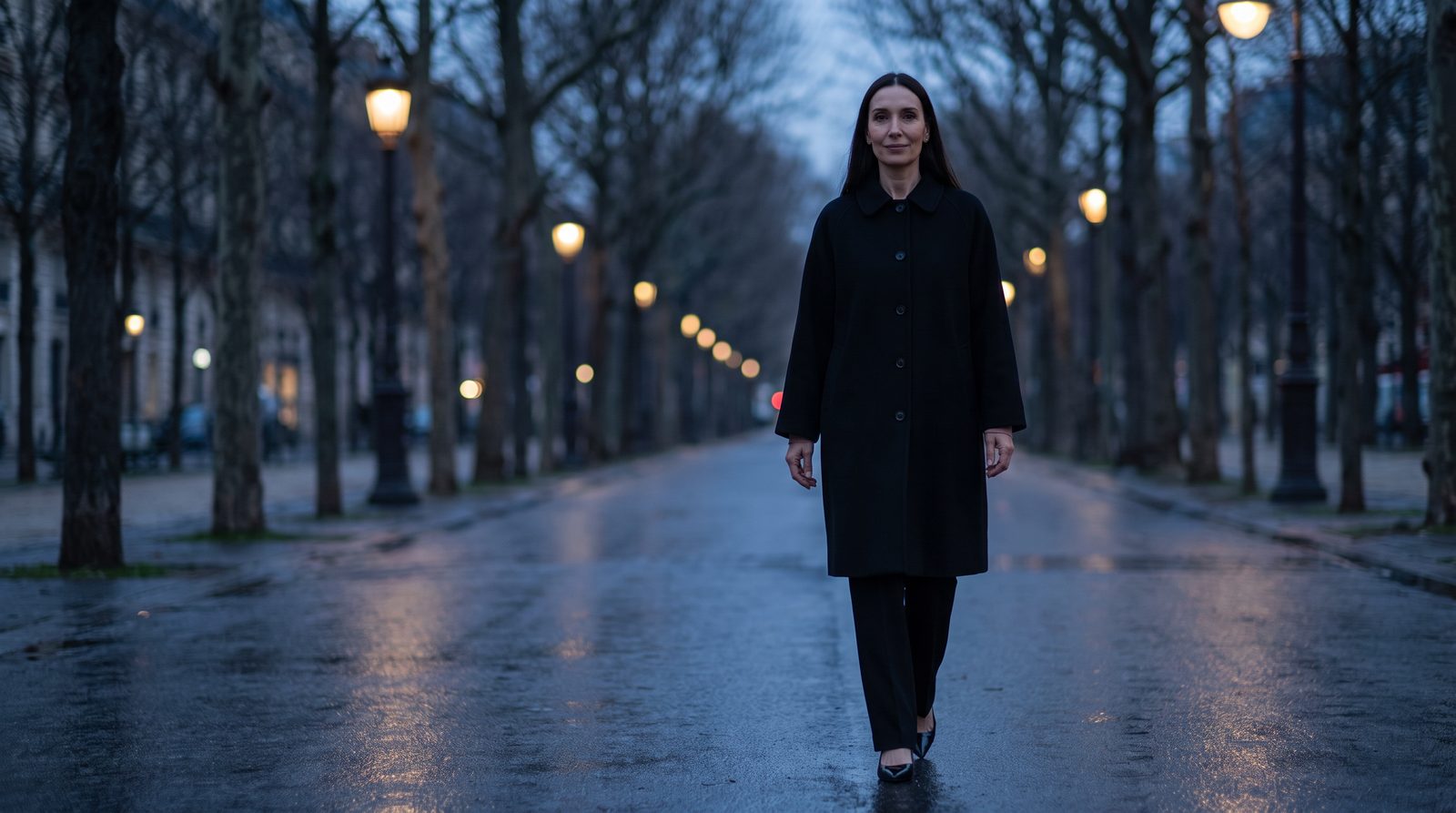 Woman in a black single-breasted coat walking on a winter boulevard at dusk