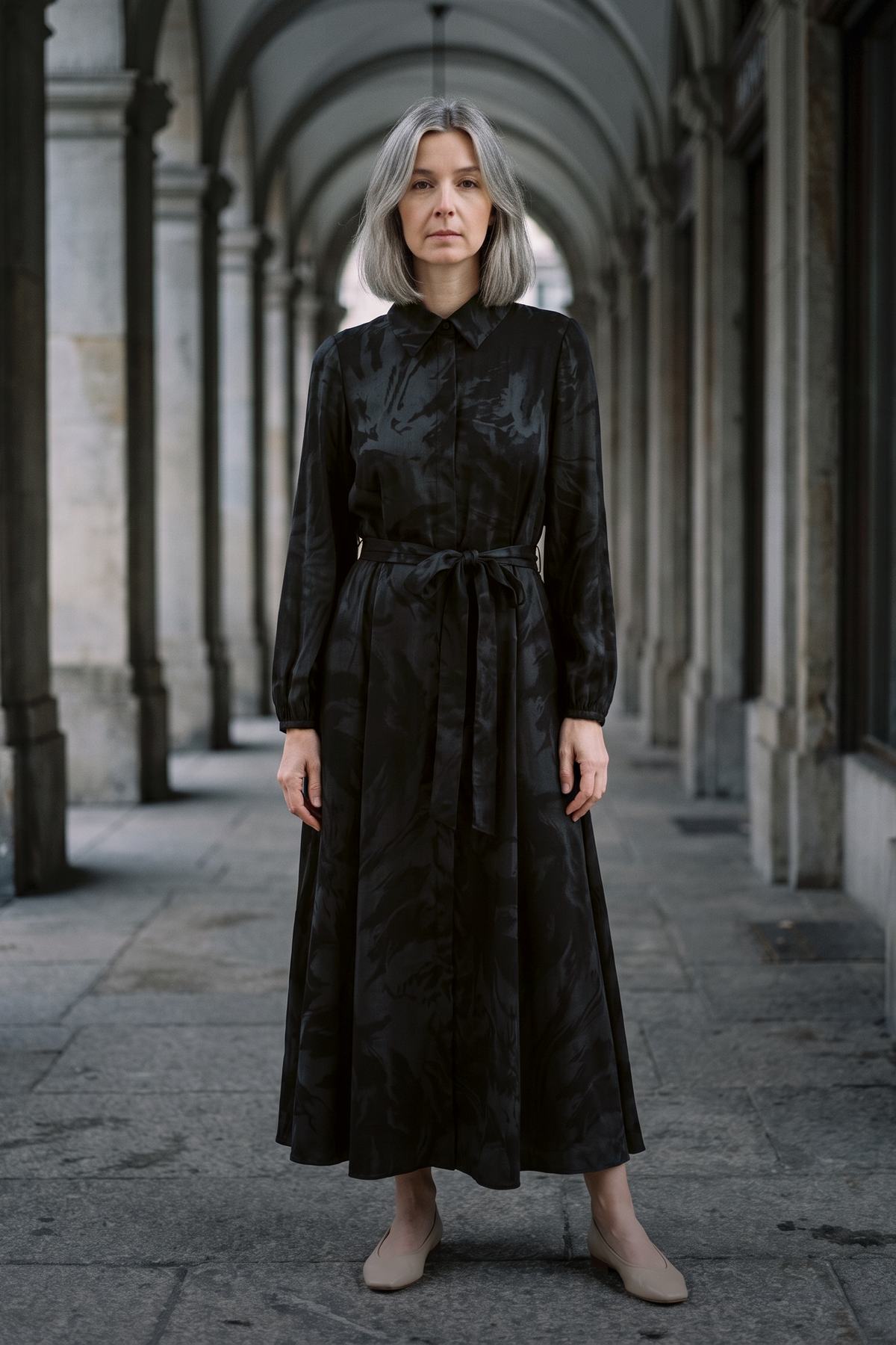 Dresses &ndash; black jacquard belted shirt dress