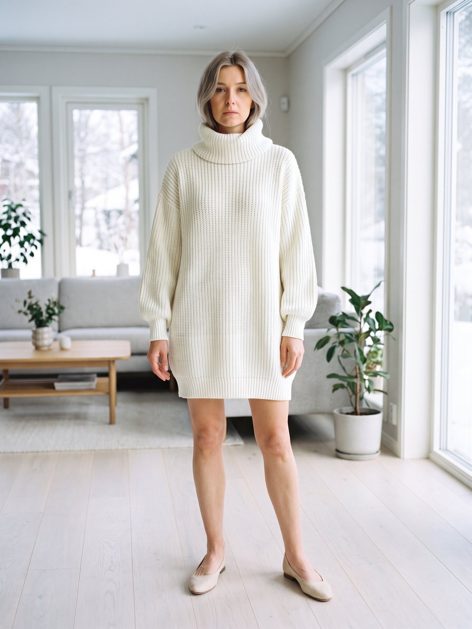 Woman in a cream turtleneck knit dress in a bright winter living room