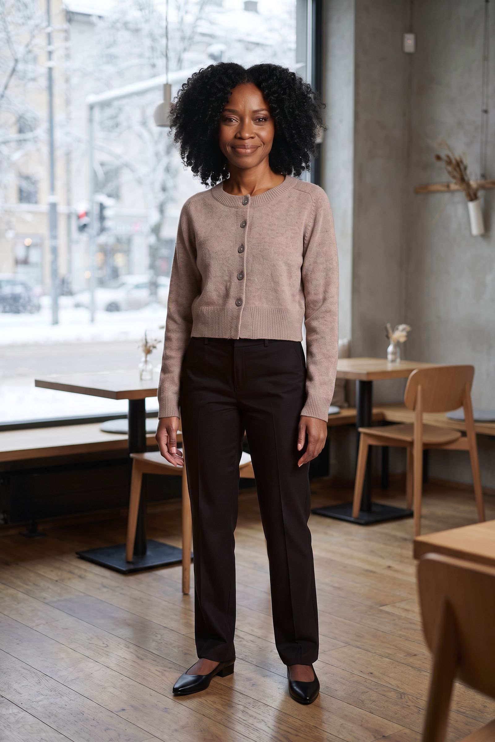 Woman in a taupe button-front knit cardigan in a cafe by a snowy street