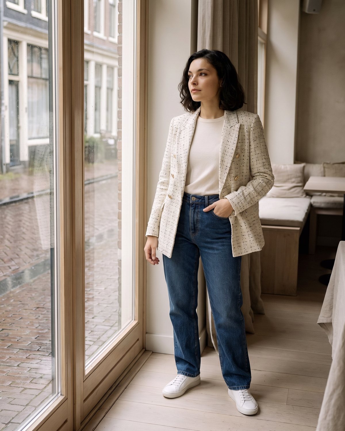 Woman in a cream tweed blazer and jeans by a caf&eacute; window