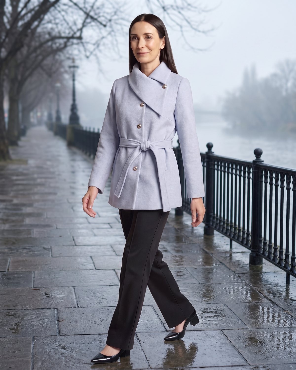 Woman in a powder-blue belted tweed coat on a misty riverside promenade
