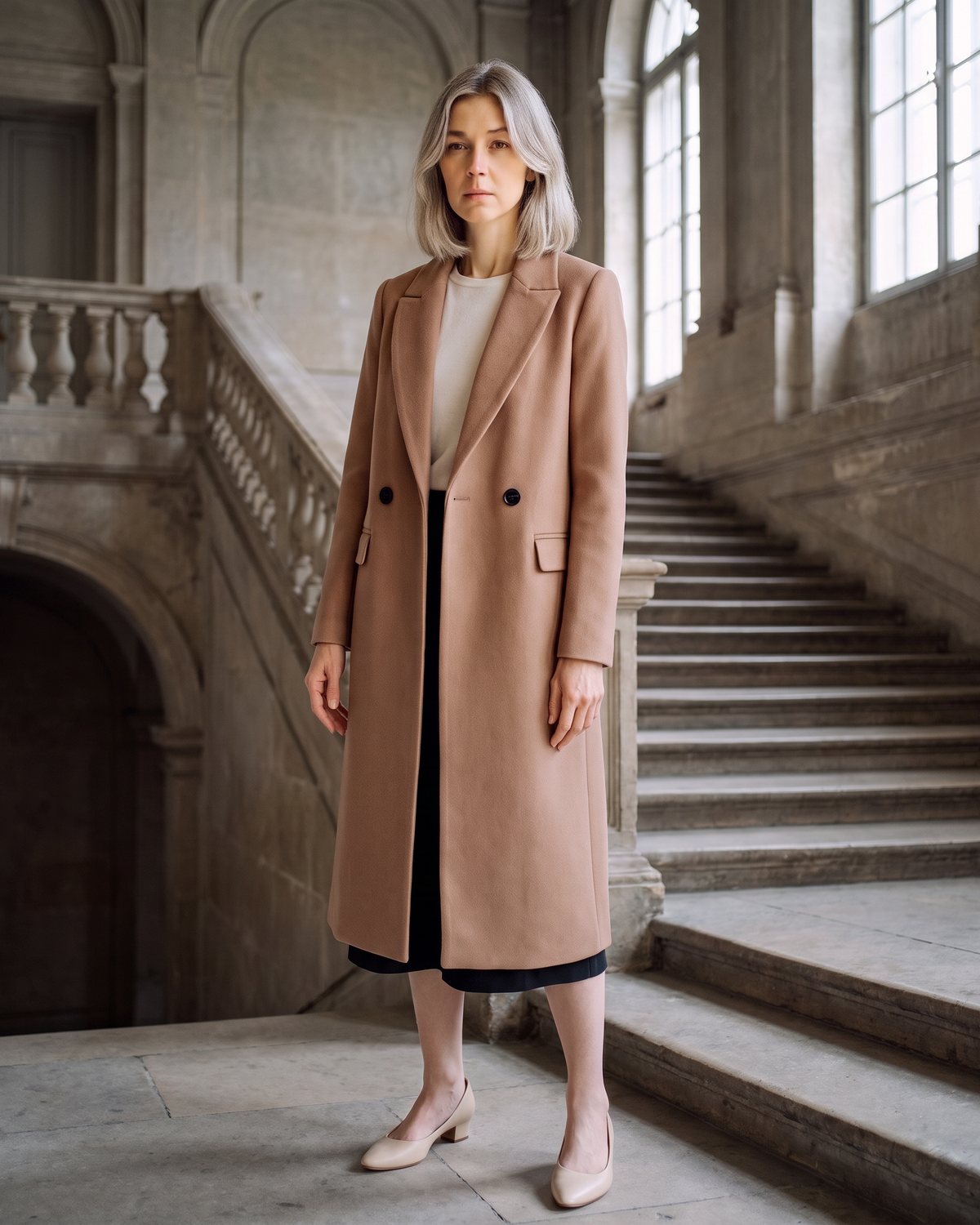 Woman with grey hair in a camel tailored wool-blend coat in a stone staircase hall