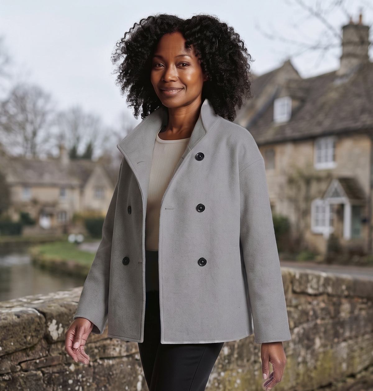Grey double-breasted wool coat with stand collar