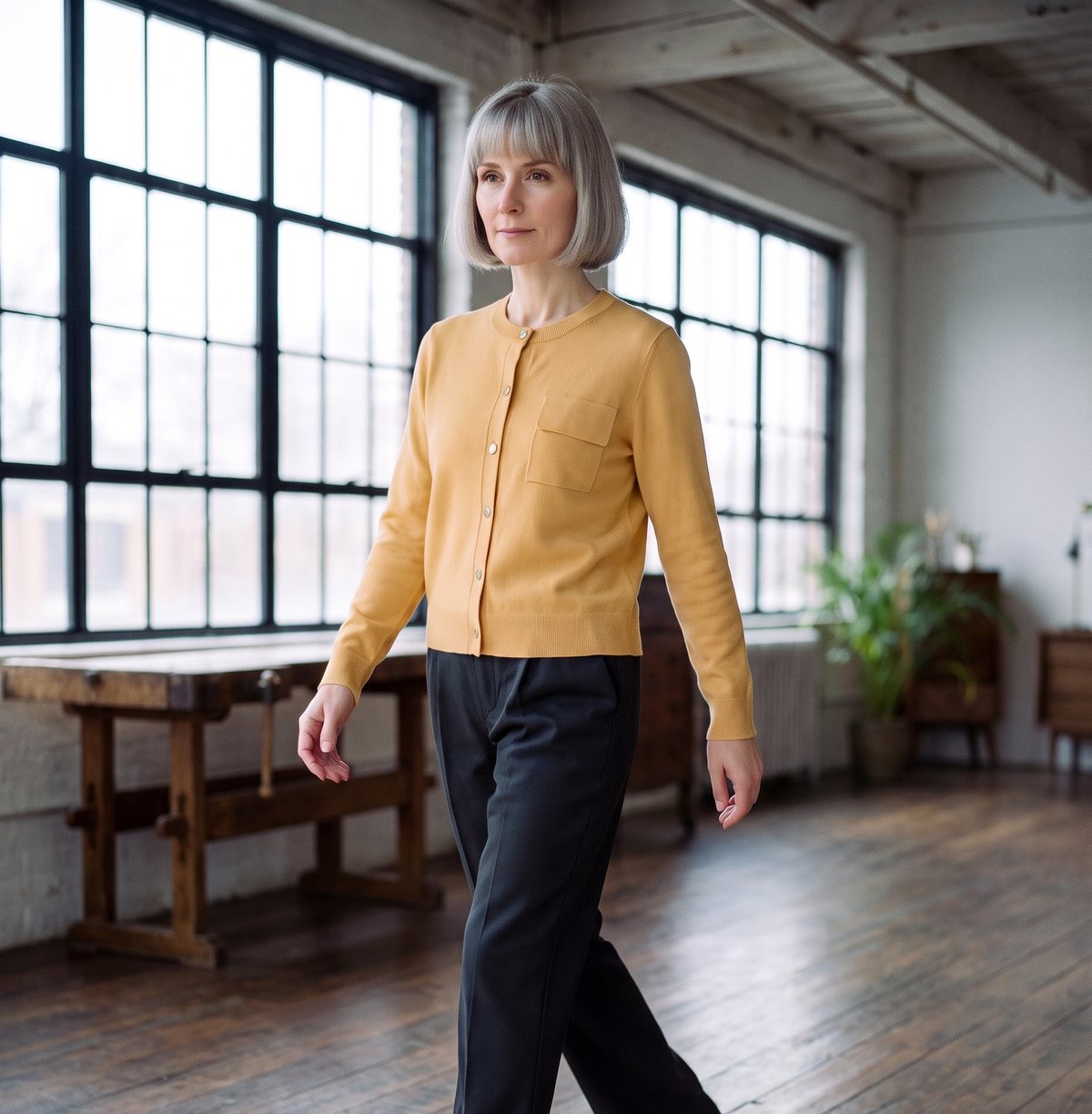 Mustard-yellow knit cardigan with metal buttons